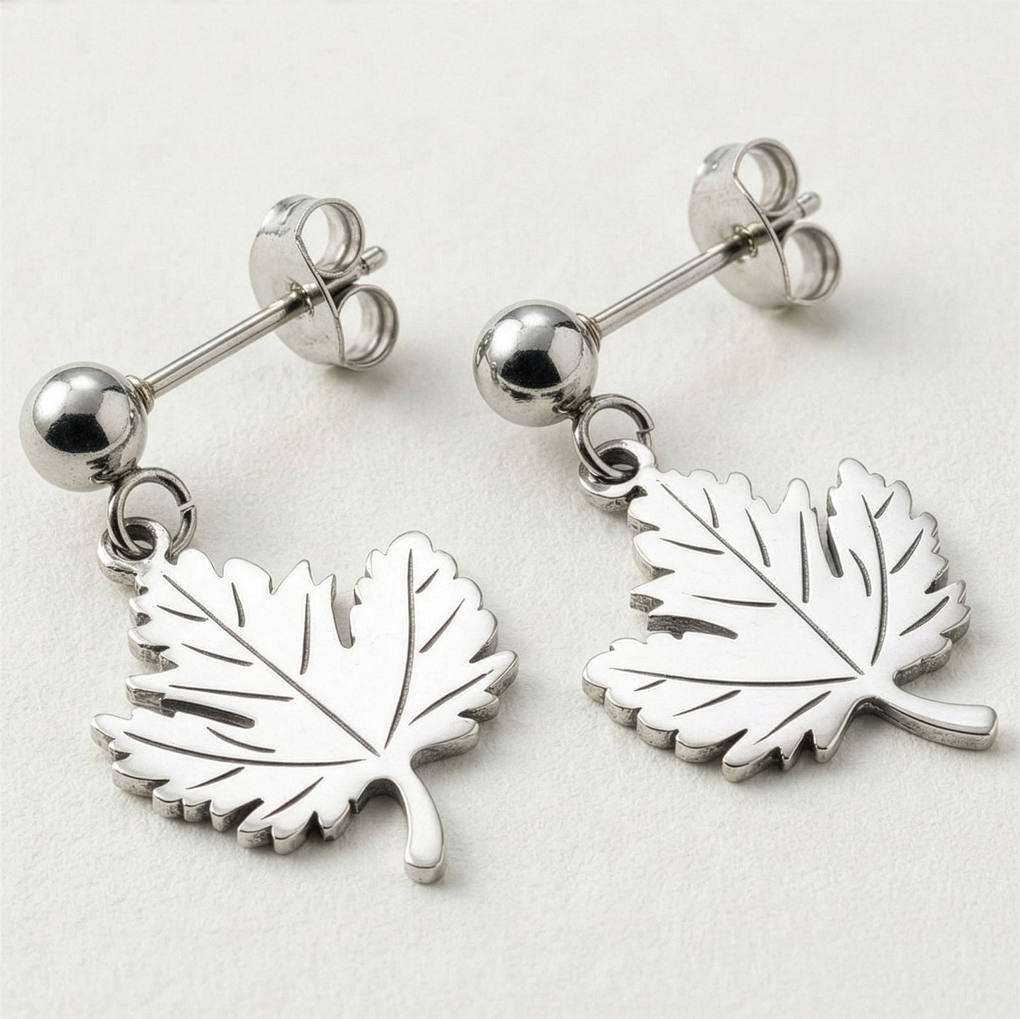 J&J Designs Stainless Steel Maple Leaf Silver Earrings 10451