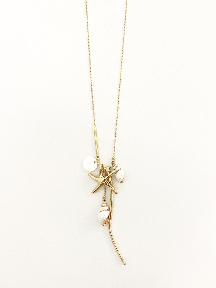 Caracol Long Necklace with Assorted Charms & Natural Shells 1396-GLD