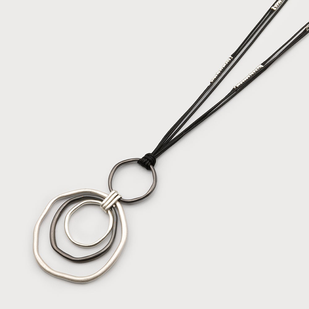 Caracol Pendant on Leather w/Circles in Mixed Metals 1682-BLK-S