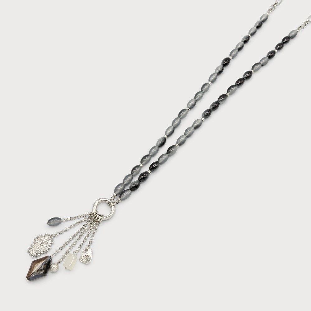 Caracol Long Oval Stones Pendant w/Charms & Smoky Stone Silver 1831-SLV