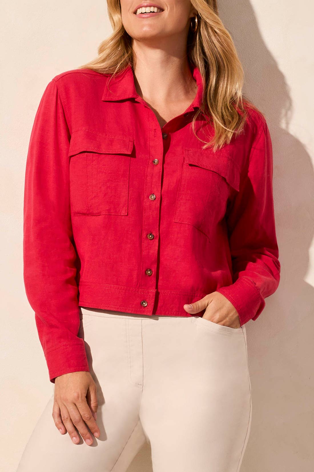 Tribal L/S Button Front Jacket w/Chest Pockets Cherry 21520-4525-1150