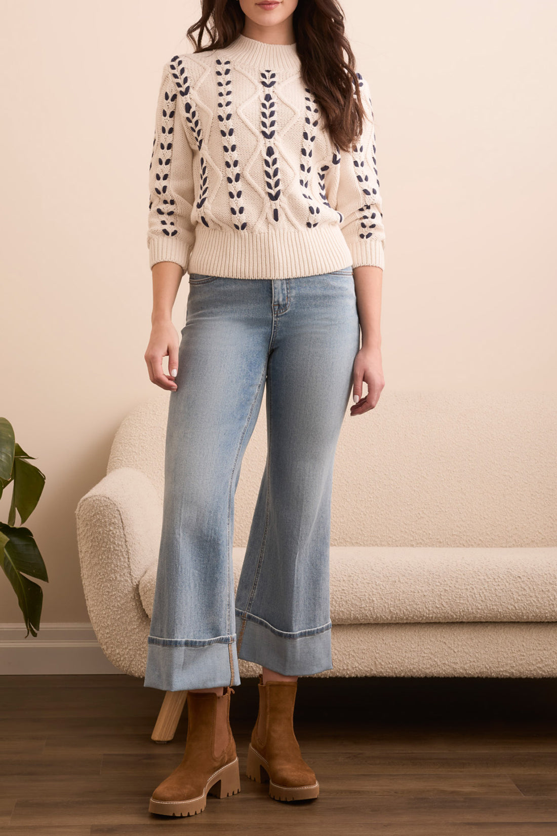 Tribal 3/4 Sleeve Mock Neck w/Cables Detail Moonstone 22950-3954-3111