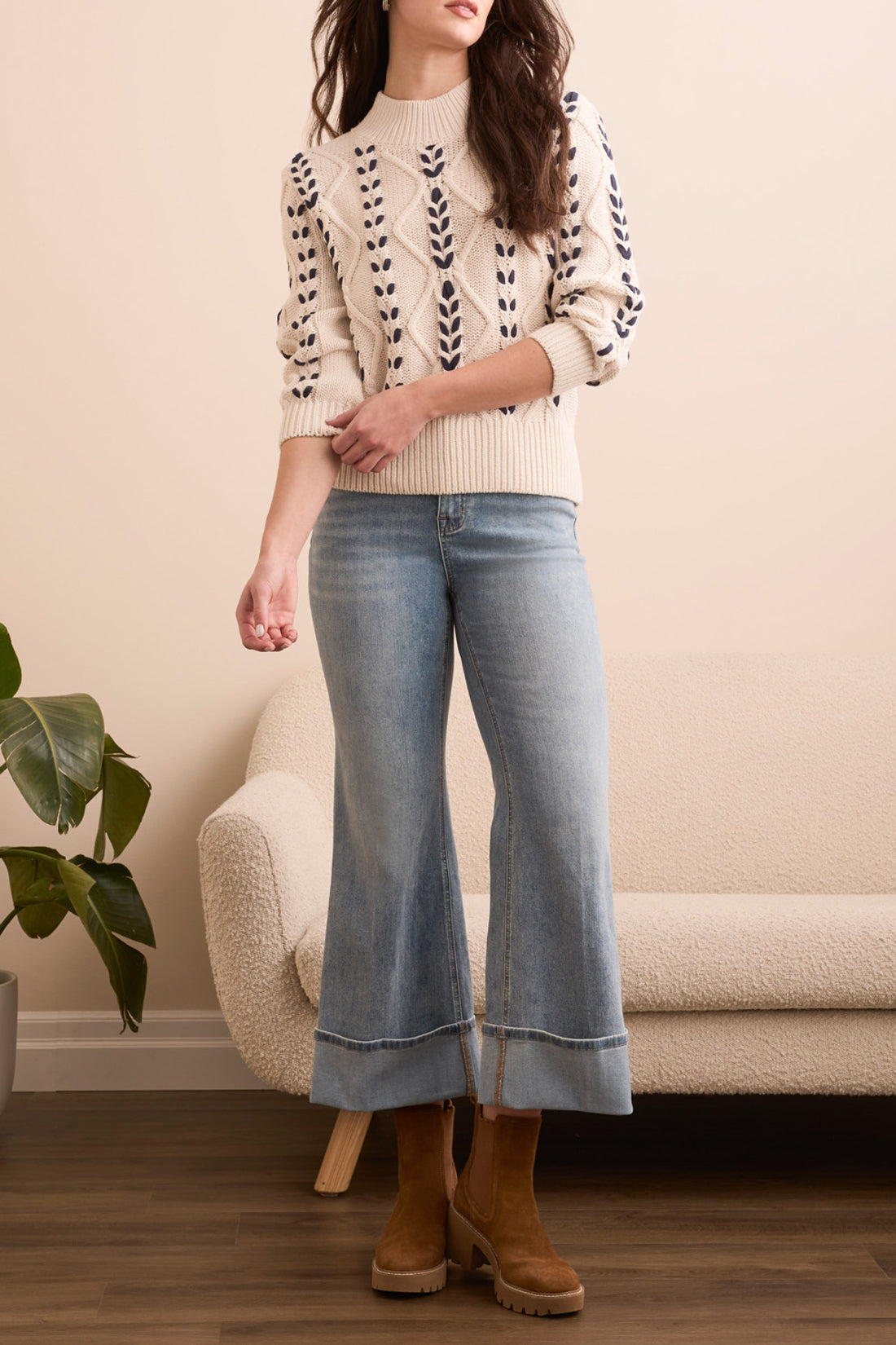 Tribal 3/4 Sleeve Mock Neck w/Cables Detail Moonstone 22950-3954-3111