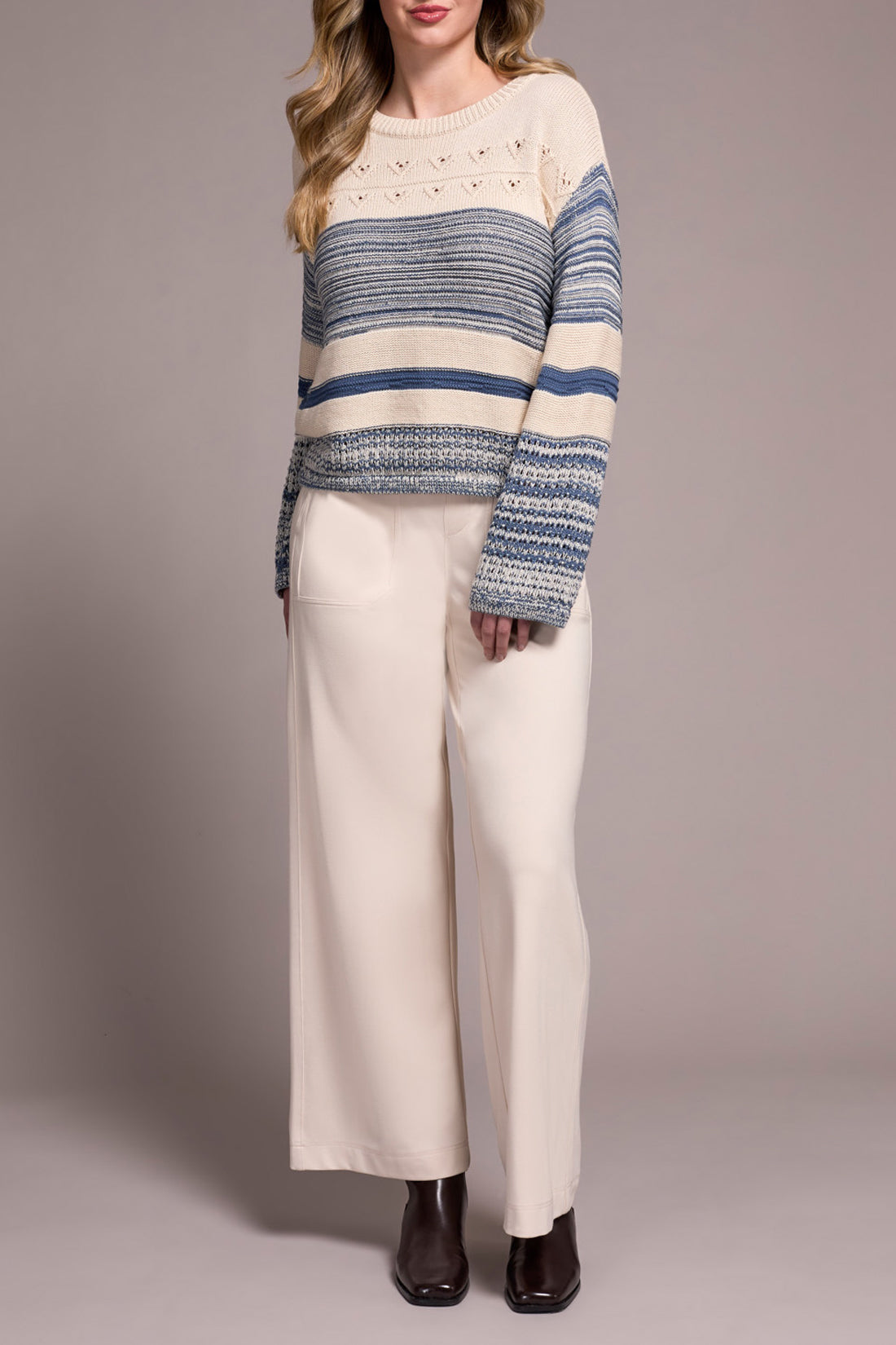 Tribal Long Bell Sleeve Boat Neck Sweater Slate Blue 23260-8131-2637