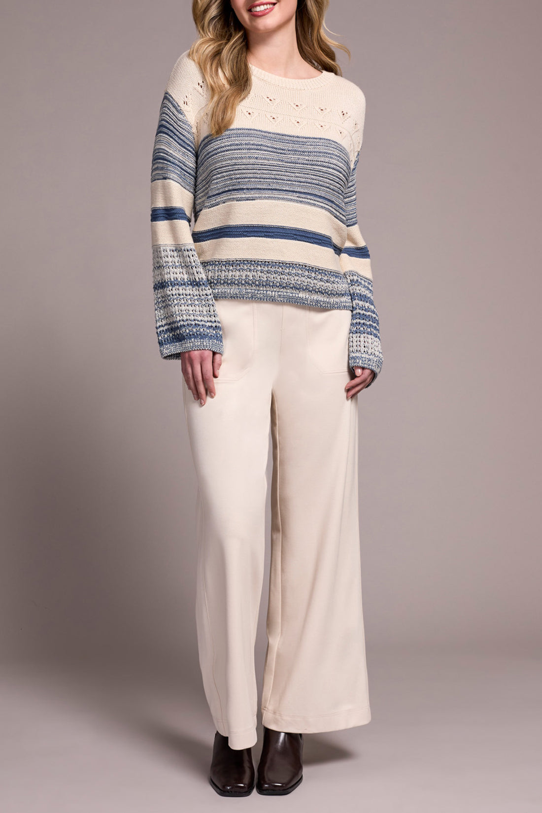 Tribal Long Bell Sleeve Boat Neck Sweater Slate Blue 23260-8131-2637