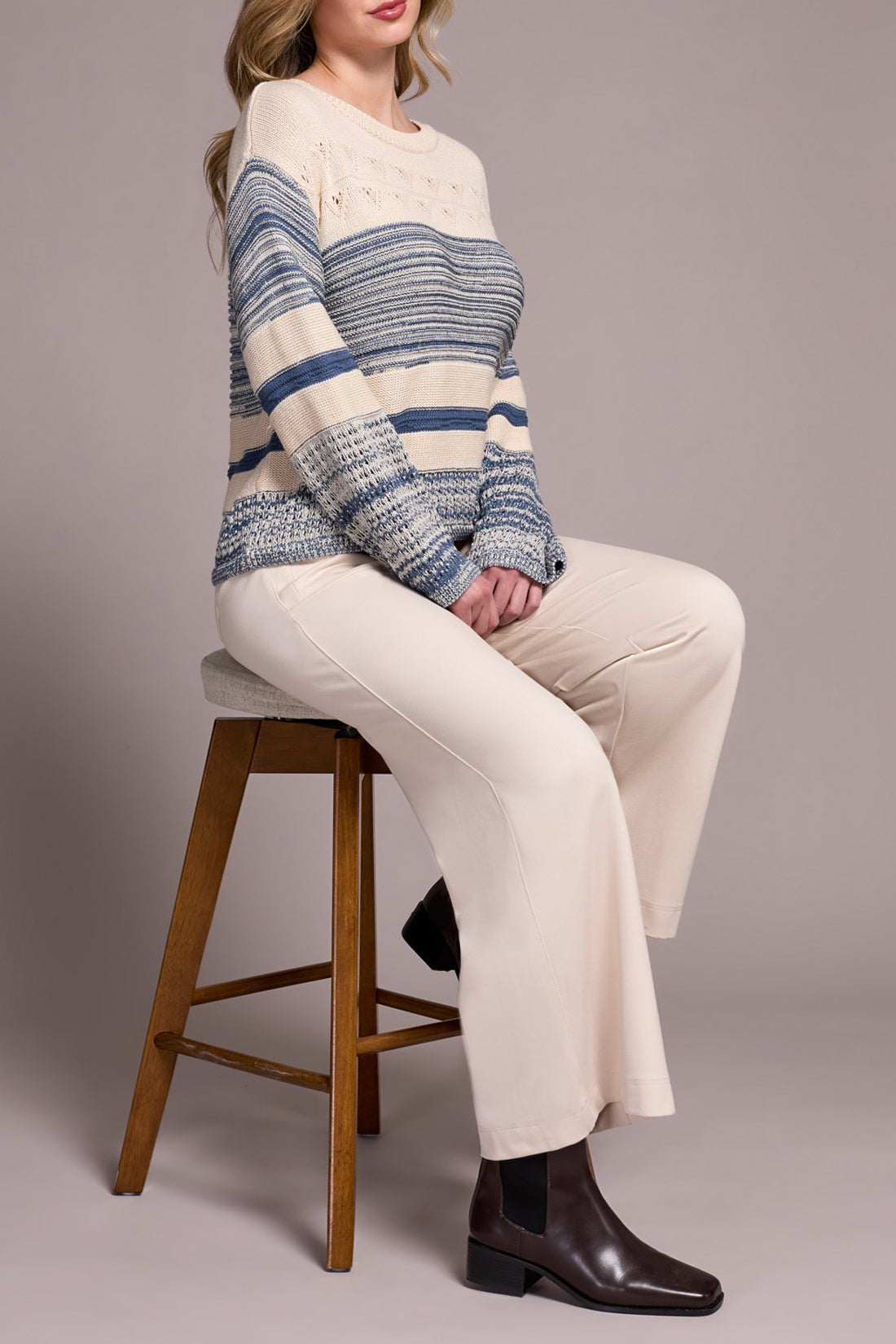 Tribal Long Bell Sleeve Boat Neck Sweater Slate Blue 23260-8131-2637