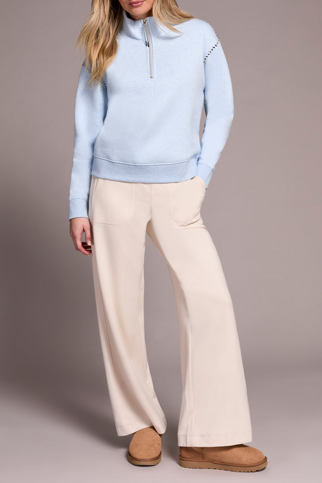 Tribal L/S Zip Funnel Neck Top w/Stitching Chambray 23390-8327-0195