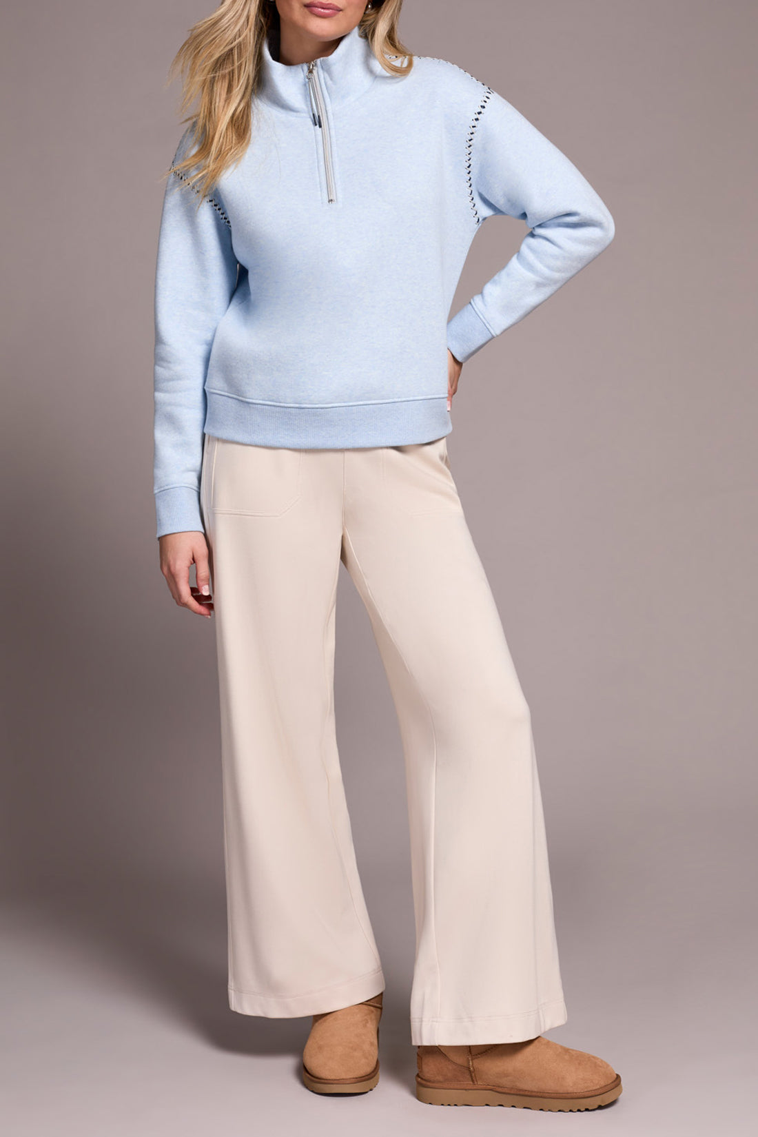 Tribal L/S Zip Funnel Neck Top w/Stitching Chambray 23390-8327-0195