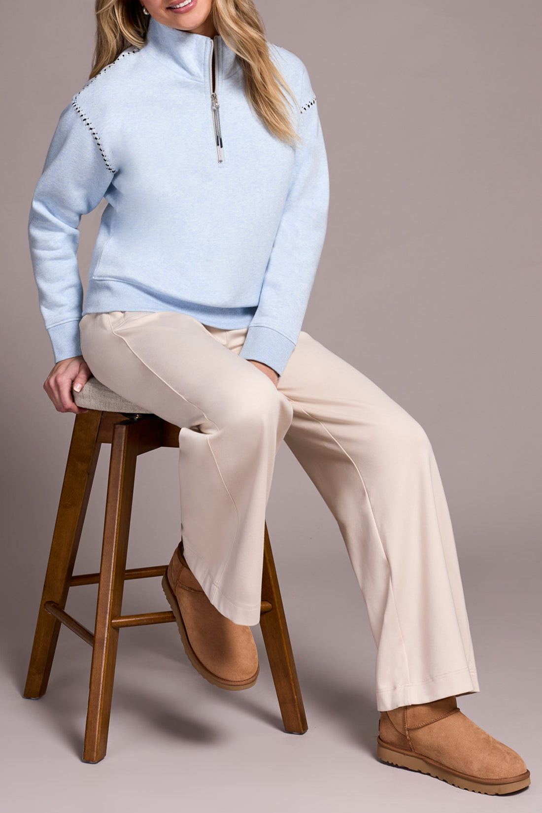 Tribal L/S Zip Funnel Neck Top w/Stitching Chambray 23390-8327-0195
