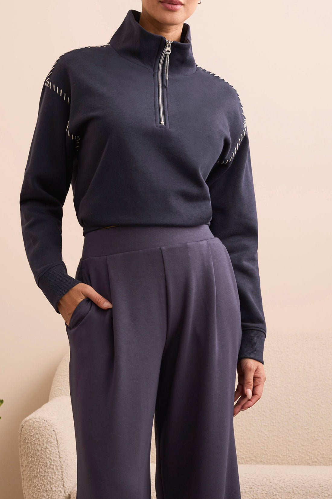 Tribal L/S Zip Funnel Neck Top w/Stitching Sapphire 23390-8327-0805
