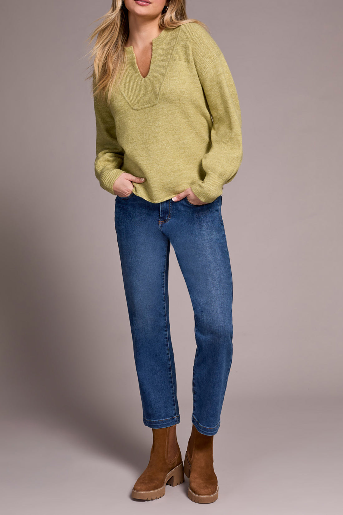 Tribal L/S Notch Neckline Sweater Leek 23800-3590-3264