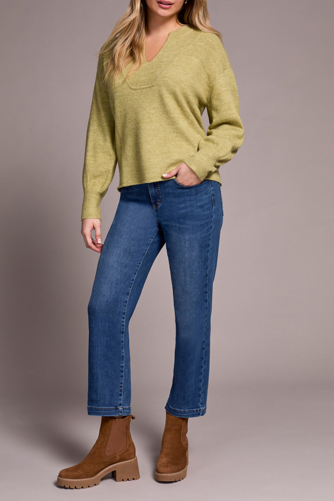 Tribal L/S Notch Neckline Sweater Leek 23800-3590-3264