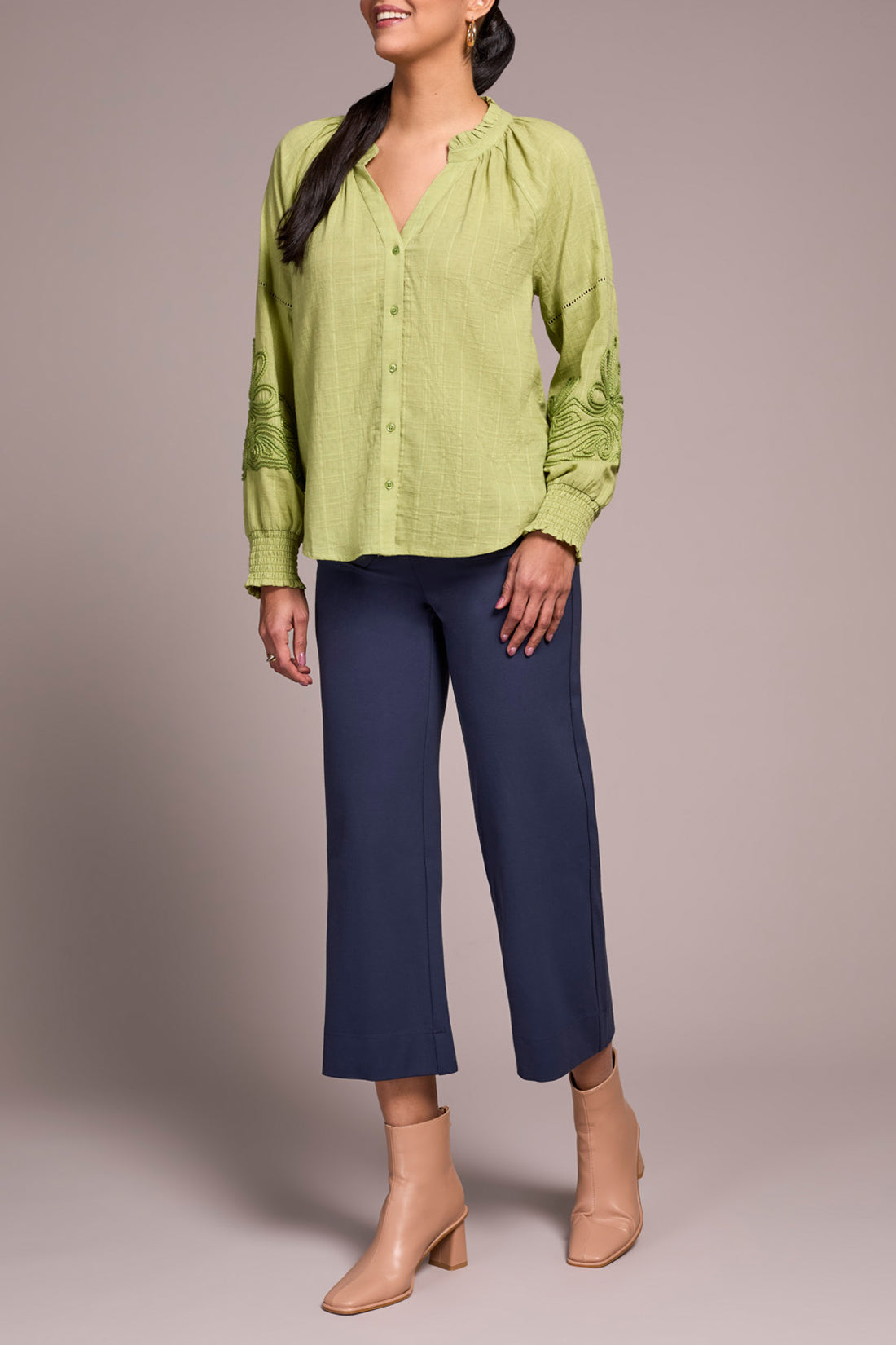 Tribal L/S Blouse w/ Applique on Sleeves Wasabi 24080-8299-0802
