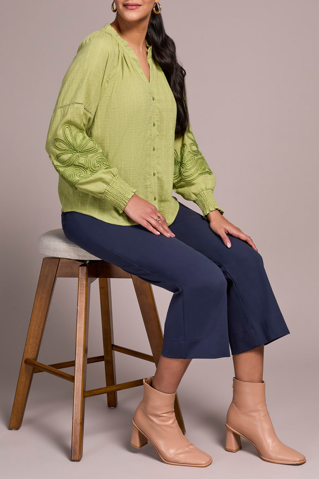 Tribal L/S Blouse w/ Applique on Sleeves Wasabi 24080-8299-0802