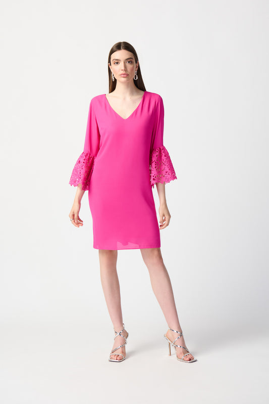 Joseph Ribkoff Trapeze Dress w/Guipure Lace Ruffles Ultra Pink 241252