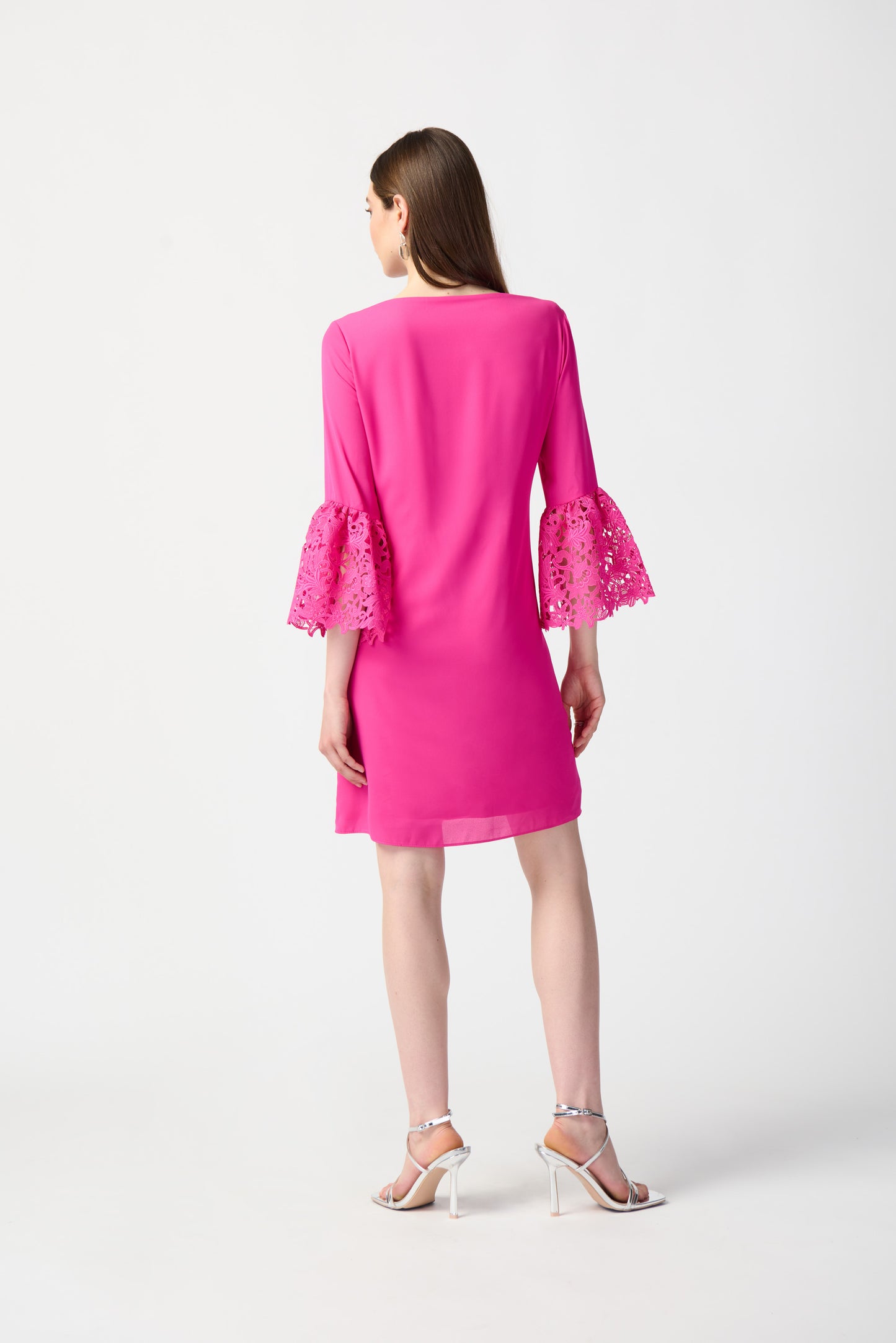 Joseph Ribkoff Trapeze Dress w/Guipure Lace Ruffles Ultra Pink 241252