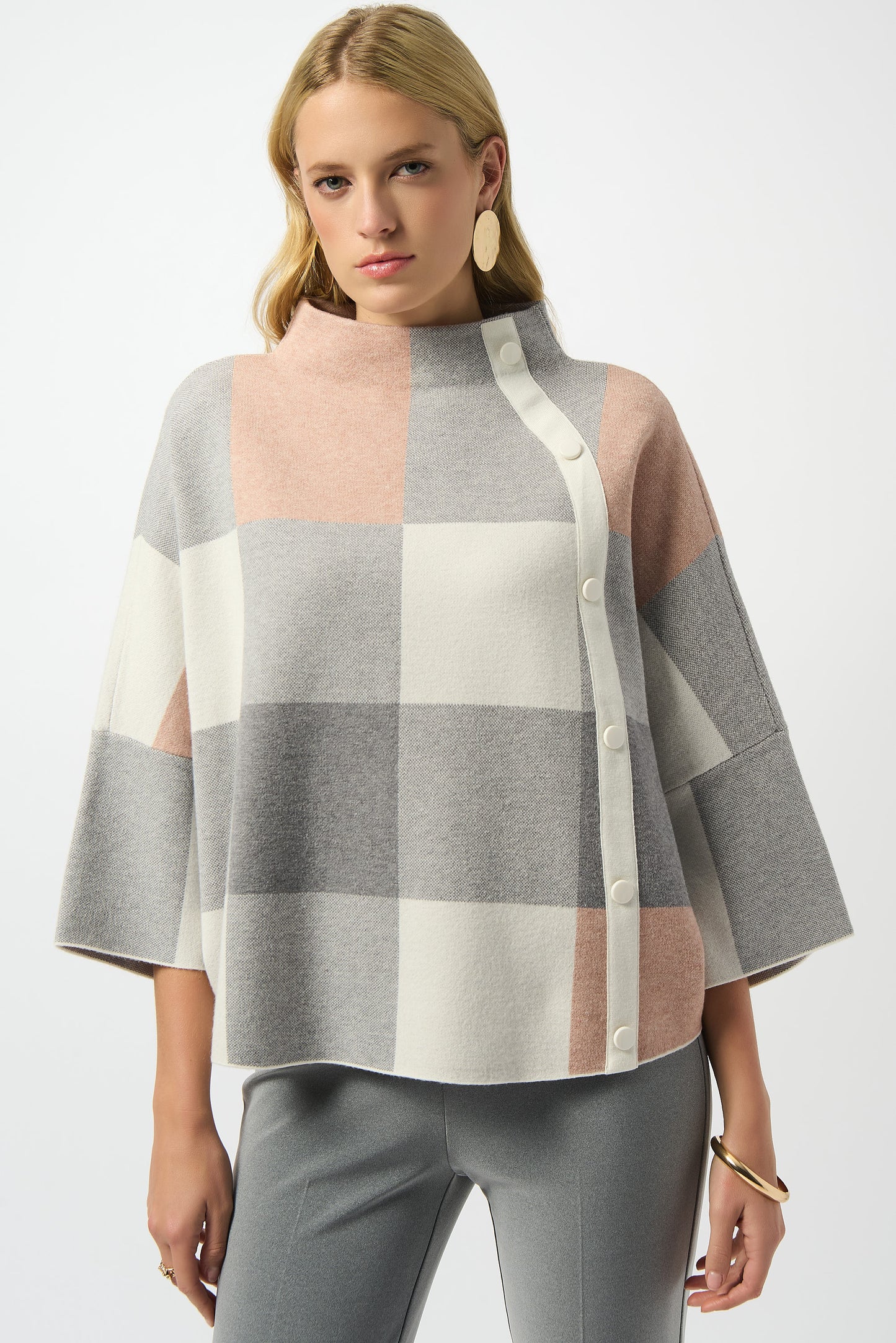Joseph Ribkoff Plaid Jacquard Sweater Knit Top Rose/Multi 243948F25