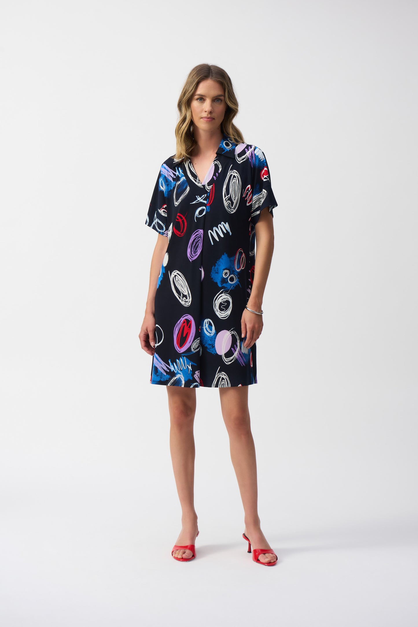 Joseph Ribkoff Silky Knit Abstract Print A-Line Dress Midnight Blue/Multi 251111