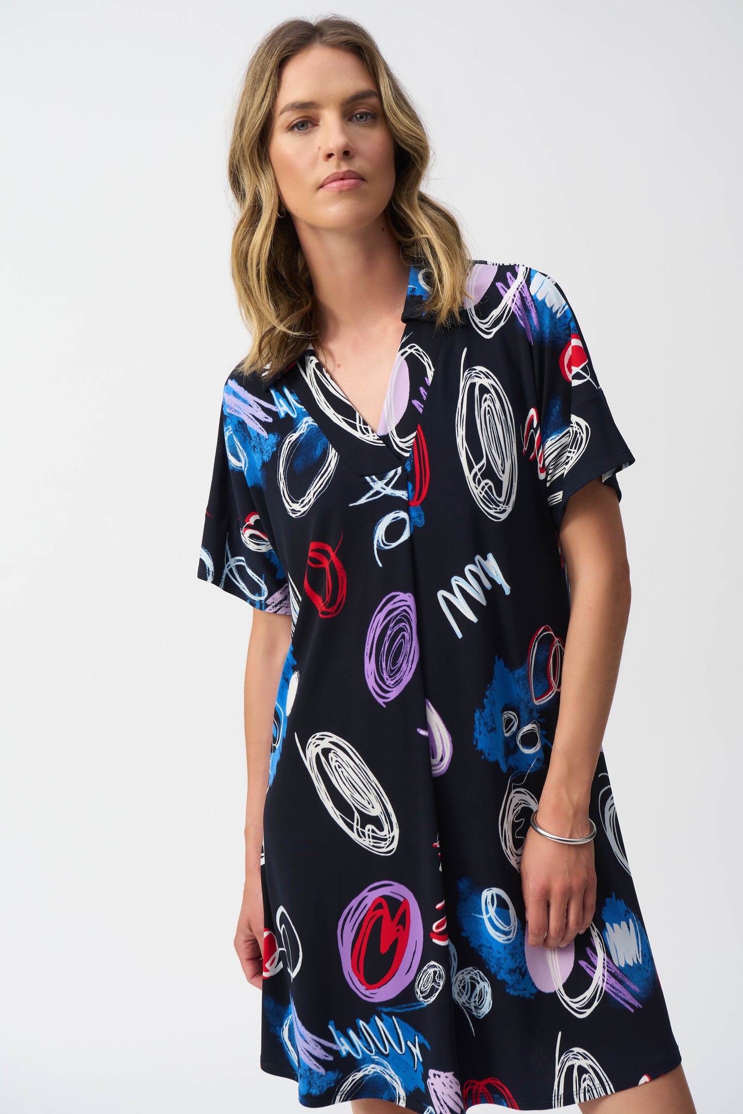 Joseph Ribkoff Silky Knit Abstract Print A-Line Dress Midnight Blue/Multi 251111
