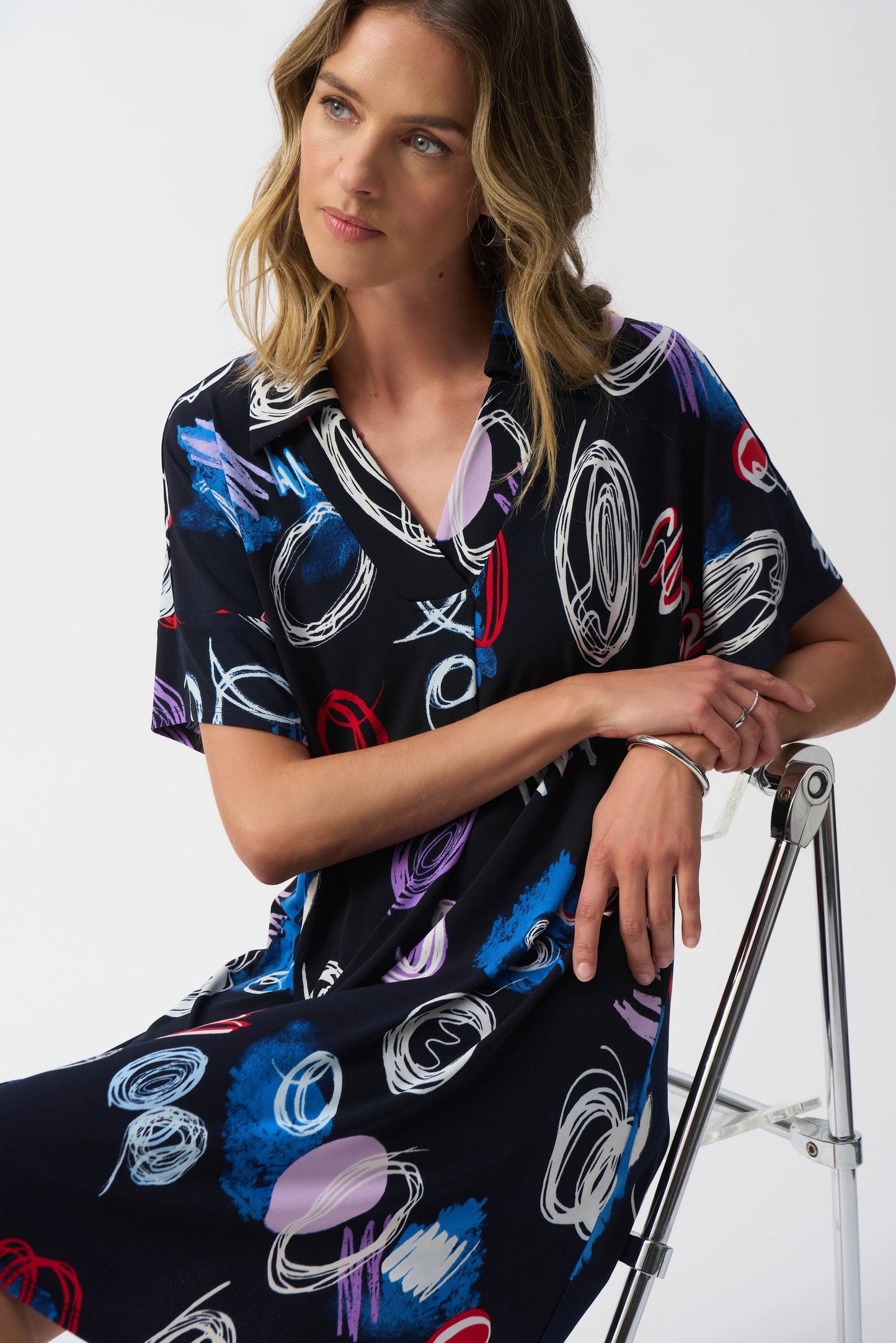 Joseph Ribkoff Silky Knit Abstract Print A-Line Dress Midnight Blue/Multi 251111