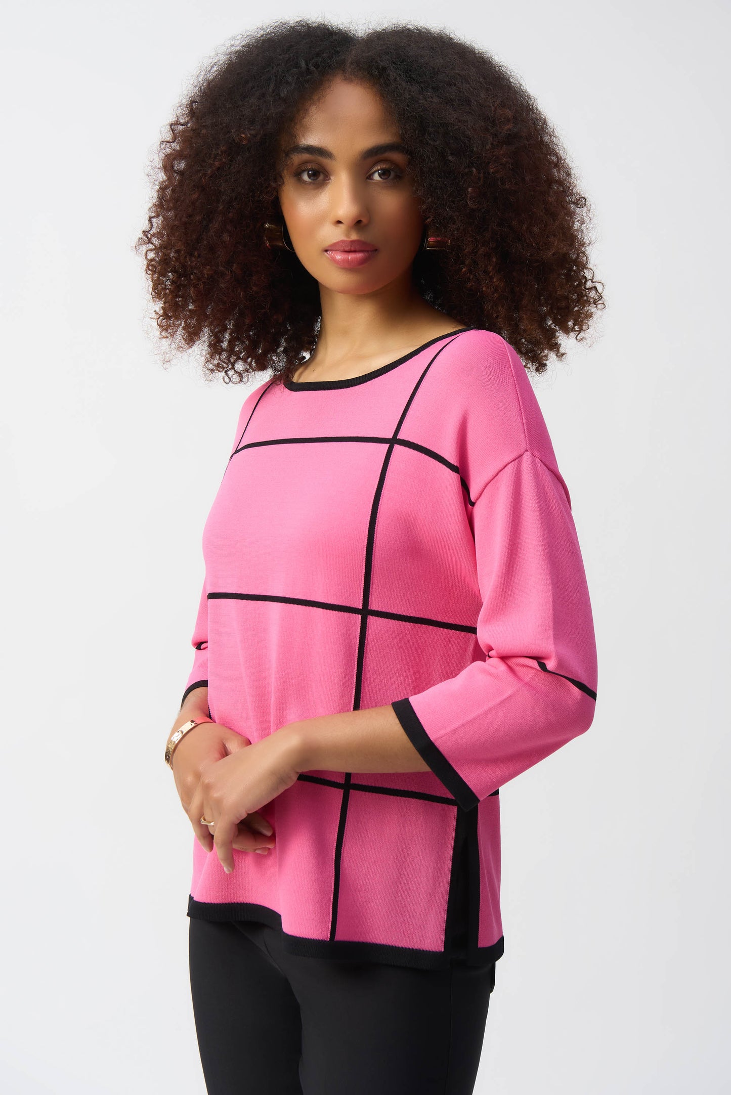 Joseph Ribkoff Plaid Sweater Knit Pullover Bubble Gum/Black 251918