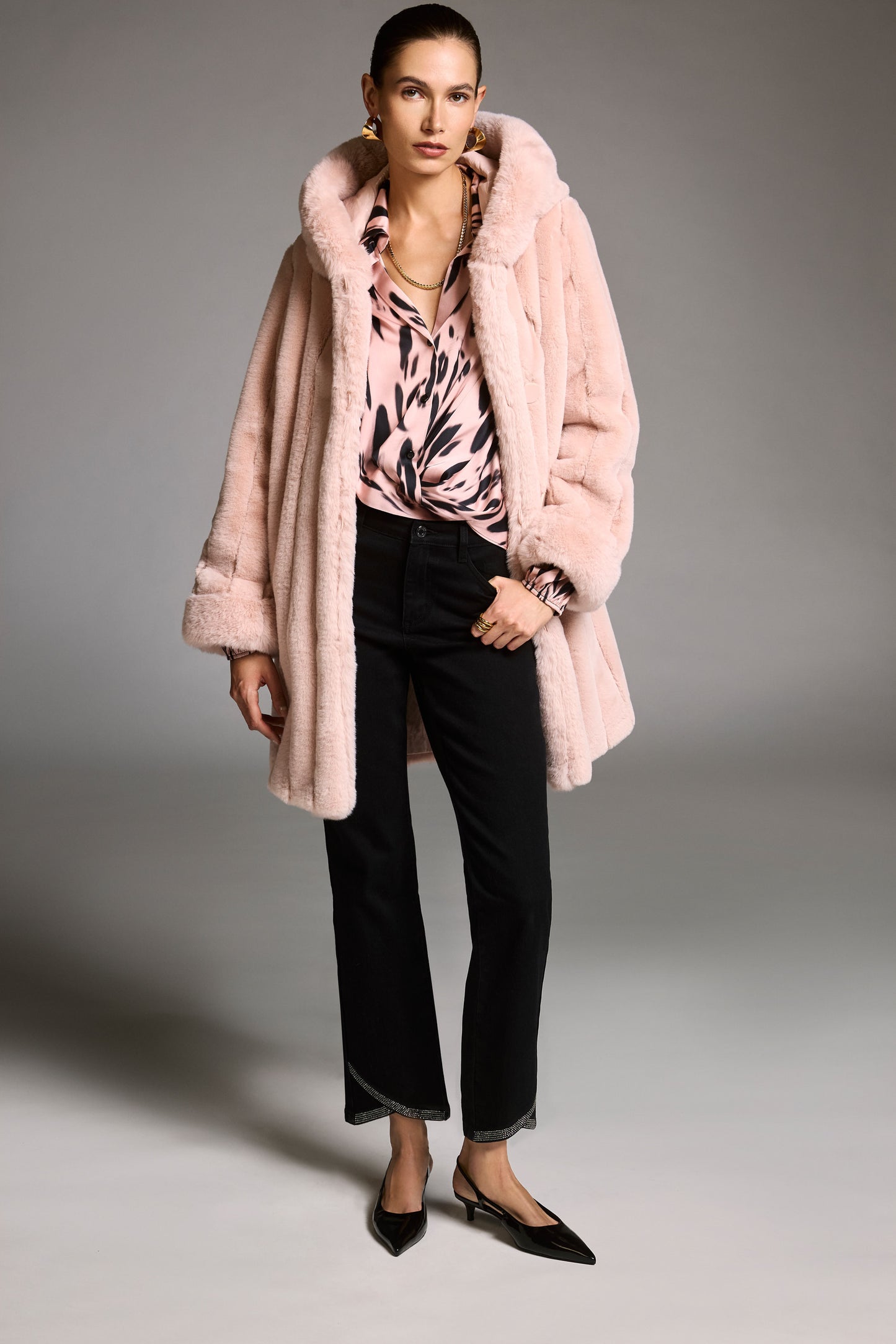 Joseph Ribkoff Recycled Satin Animal Print Draped Top Pink/Black 253059