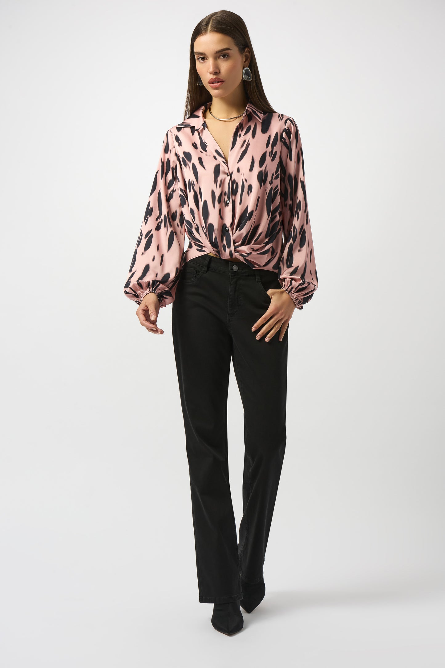 Joseph Ribkoff Recycled Satin Animal Print Draped Top Pink/Black 253059