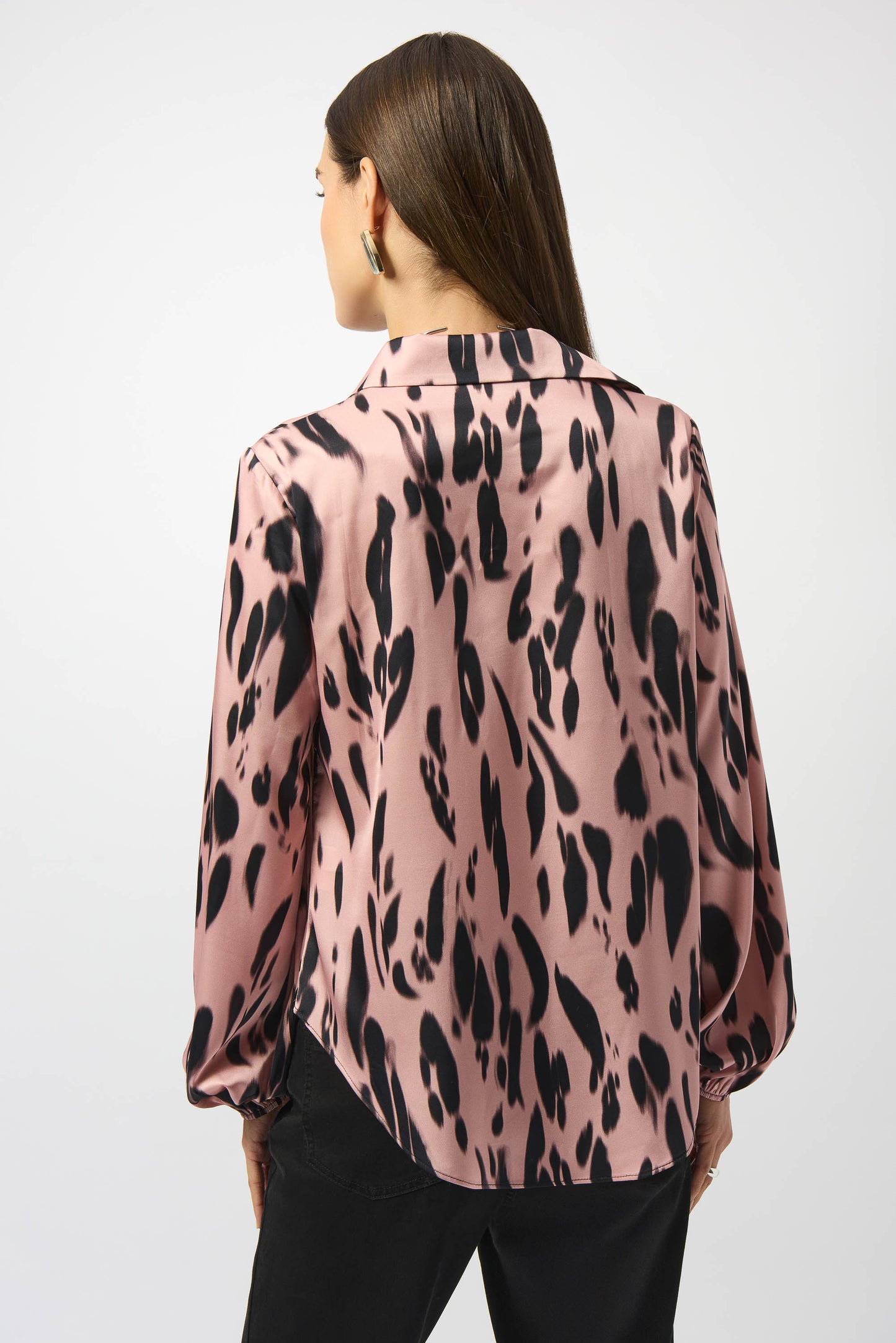 Joseph Ribkoff Recycled Satin Animal Print Draped Top Pink/Black 253059