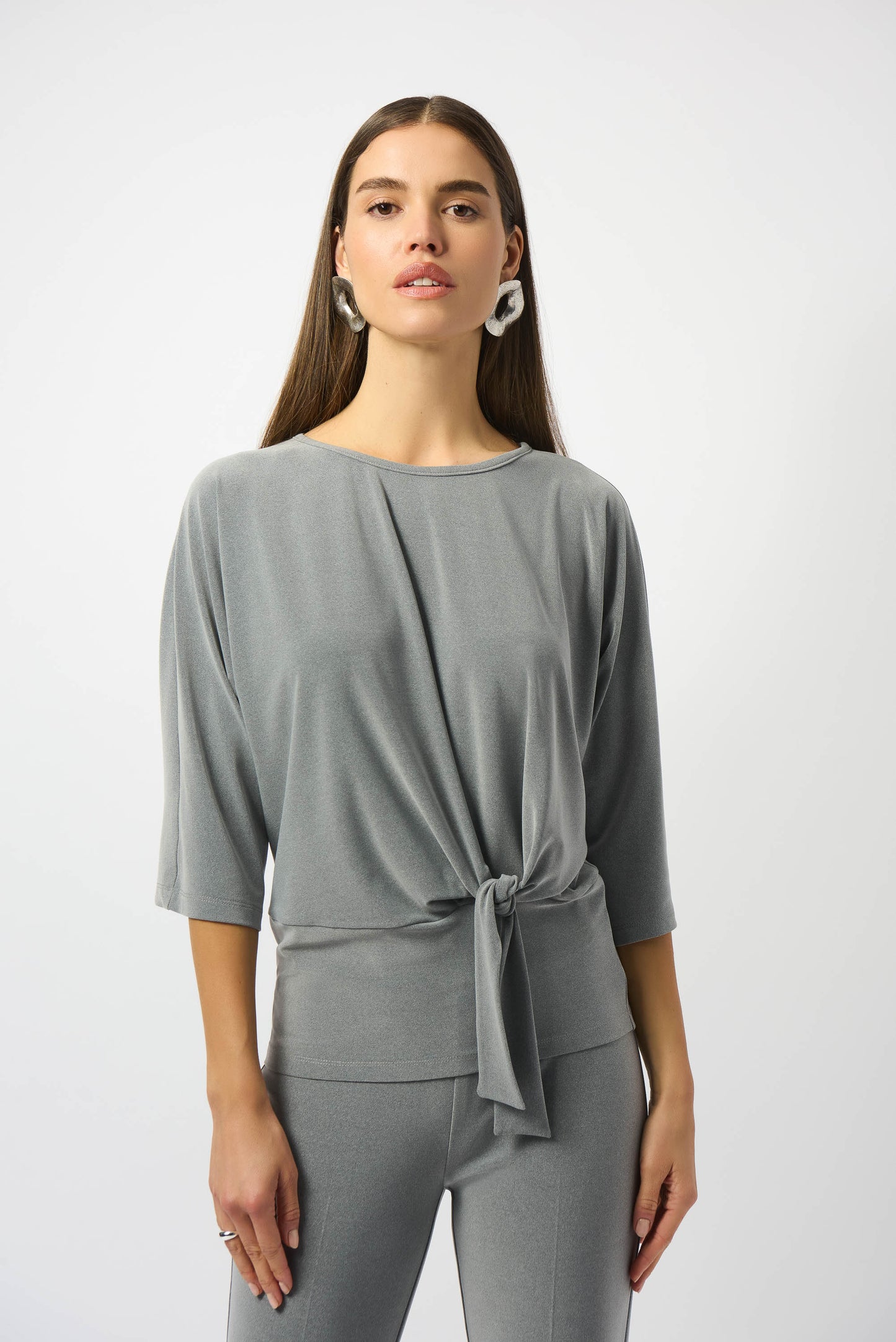 Joseph Ribkoff Boxy Top with Knot Detail Grey Melange 253304