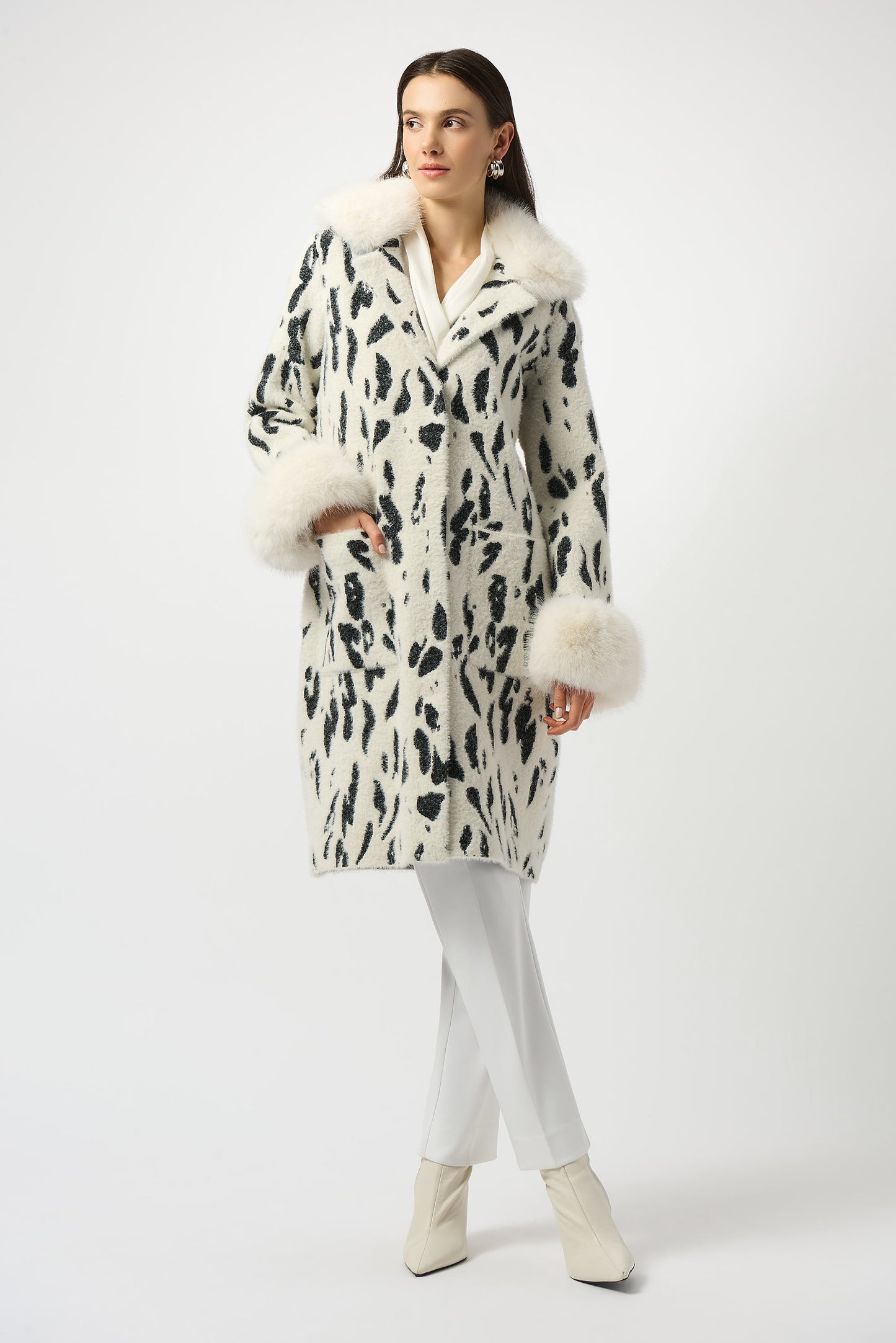 Joseph Ribkoff Feather Yarn Animal Print Coat w/ Faux Fur Trim Winter White/Black 253904