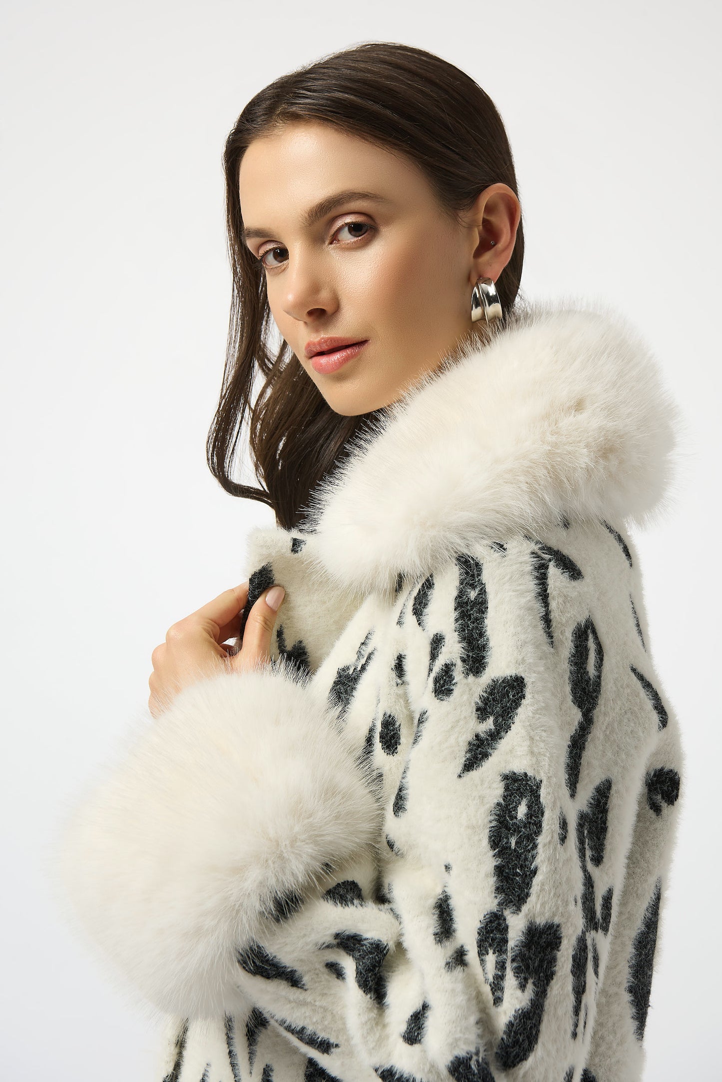 Joseph Ribkoff Feather Yarn Animal Print Coat w/ Faux Fur Trim Winter White/Black 253904