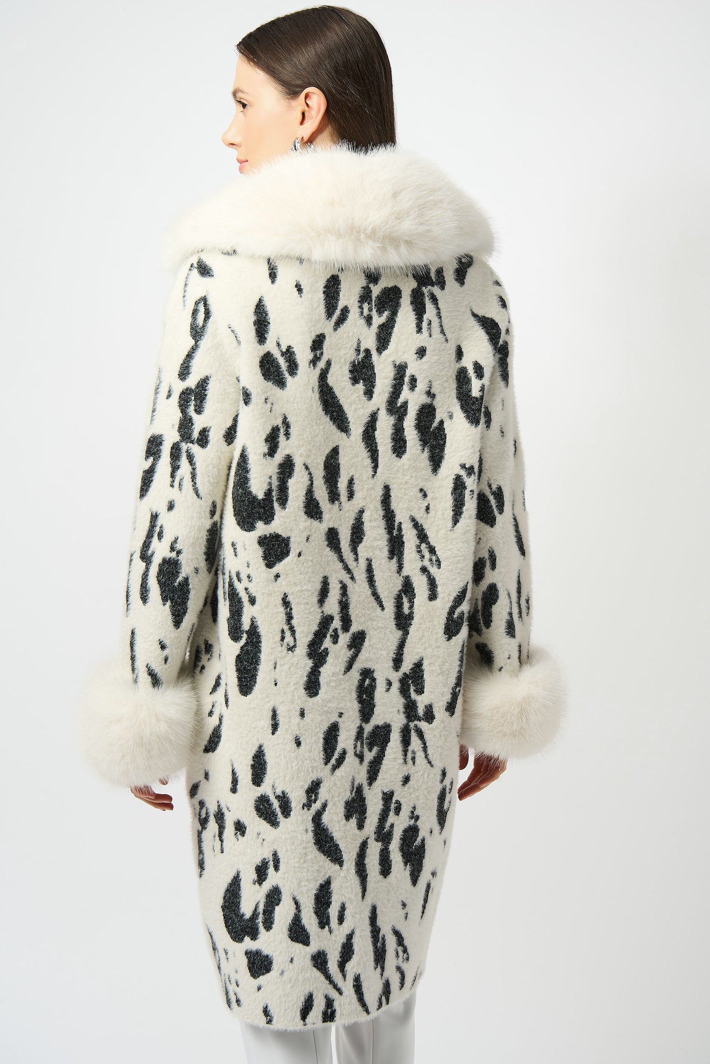 Joseph Ribkoff Feather Yarn Animal Print Coat w/ Faux Fur Trim Winter White/Black 253904