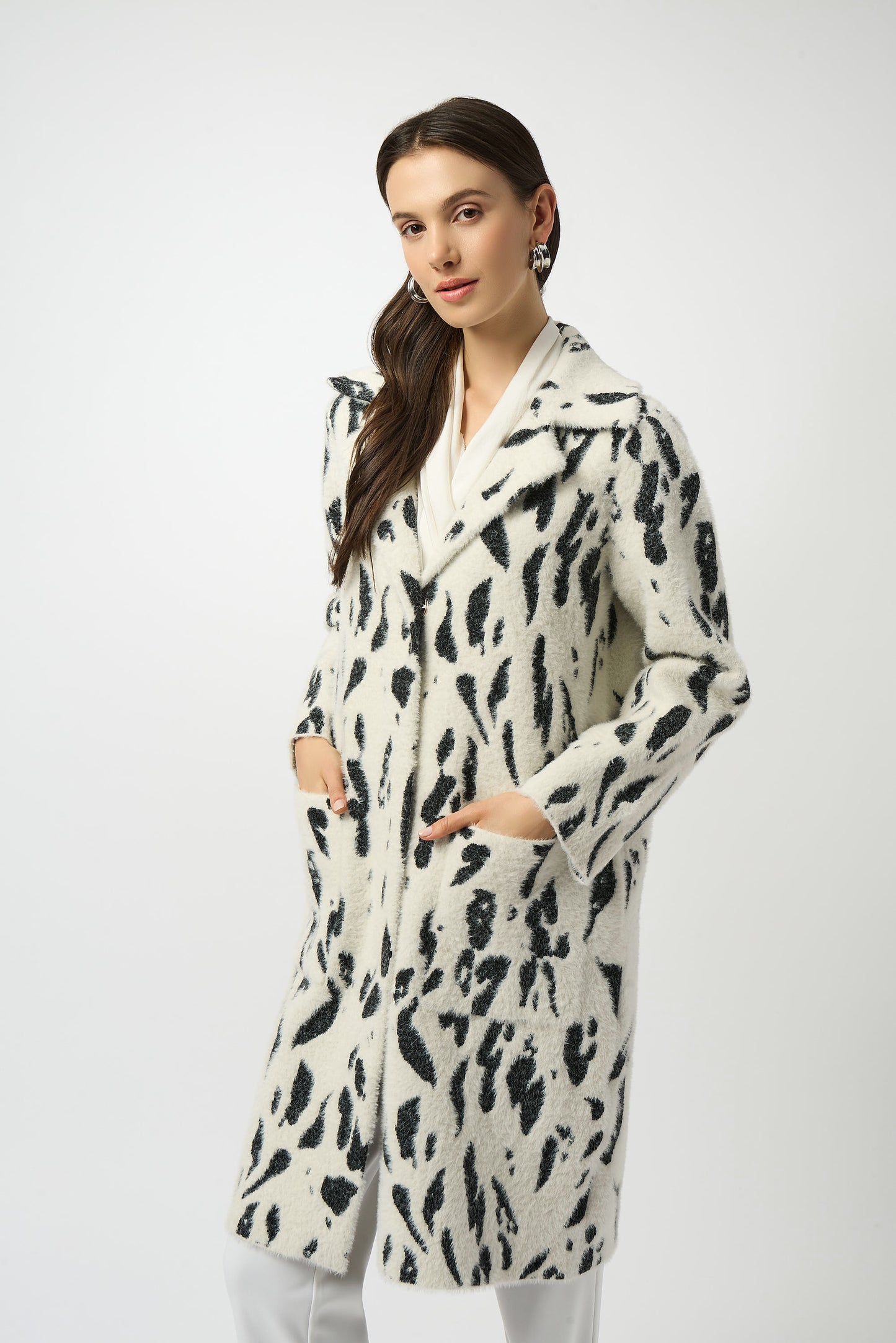 Joseph Ribkoff Feather Yarn Animal Print Coat w/ Faux Fur Trim Winter White/Black 253904