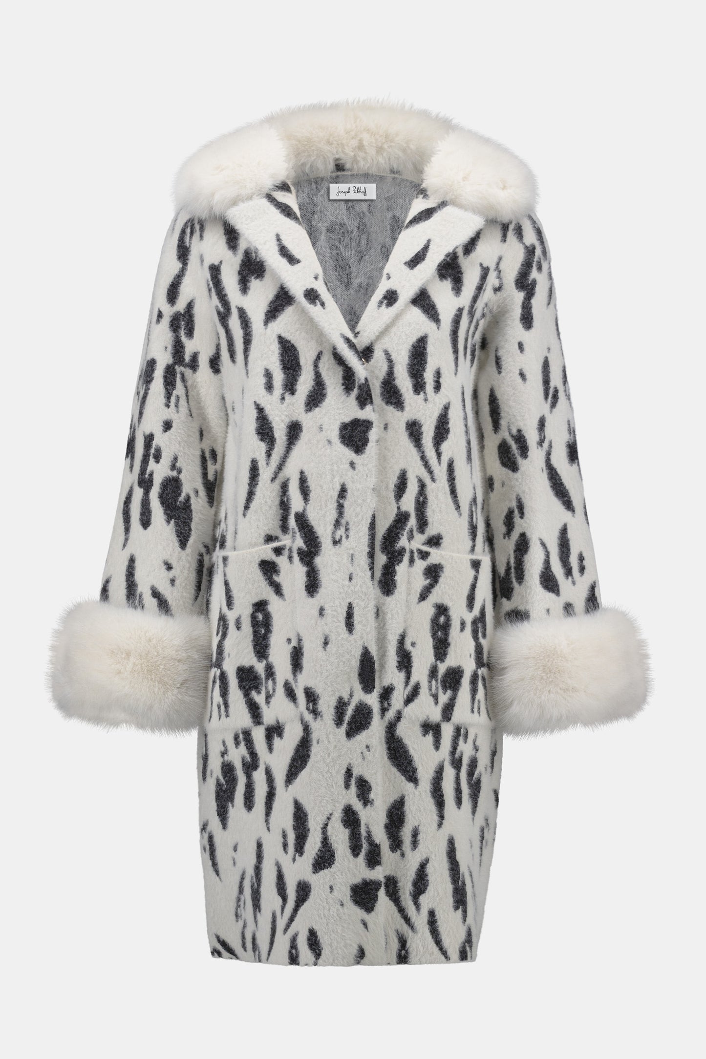 Joseph Ribkoff Feather Yarn Animal Print Coat w/ Faux Fur Trim Winter White/Black 253904