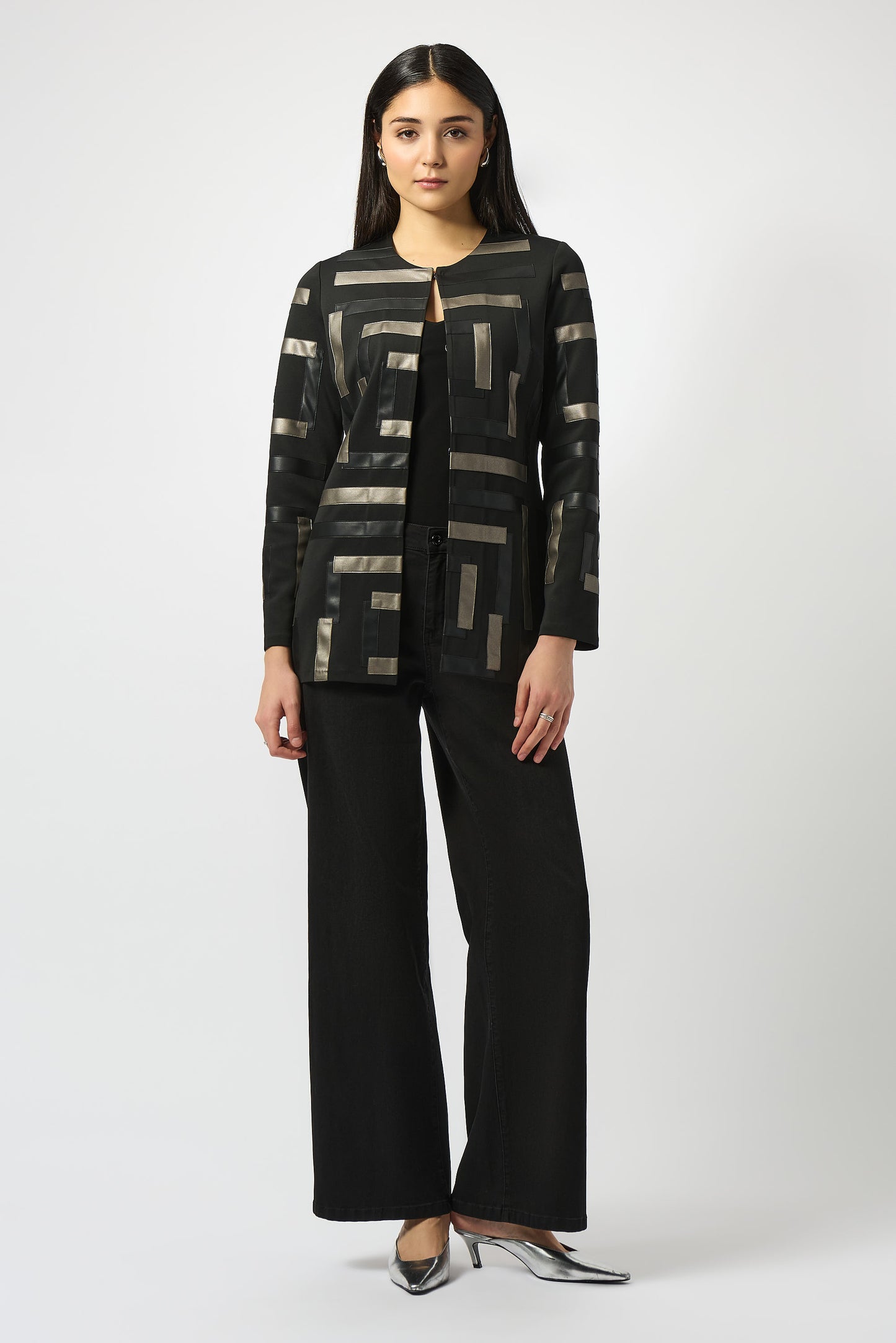 Joseph Ribkoff Scuba & Leatherette Collarless Jacket Black/Multi 253929