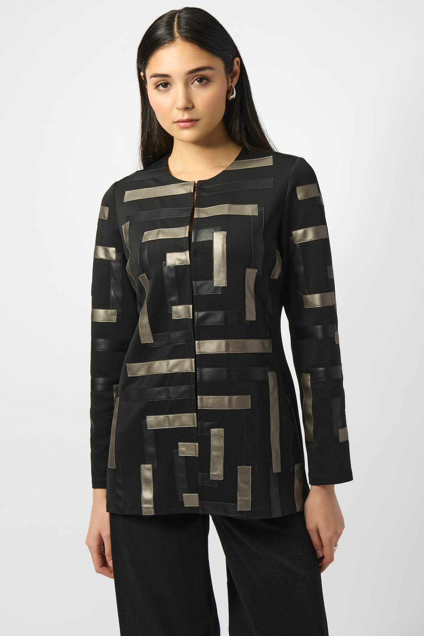 Joseph Ribkoff Scuba & Leatherette Collarless Jacket Black/Multi 253929