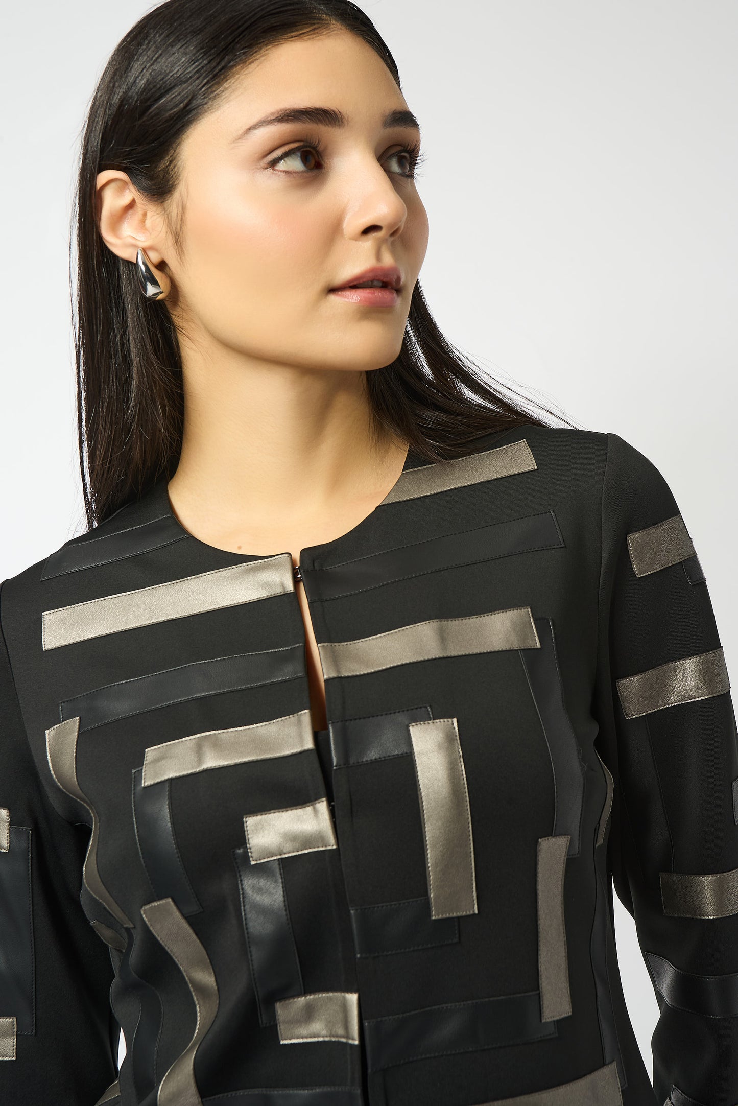 Joseph Ribkoff Scuba & Leatherette Collarless Jacket Black/Multi 253929