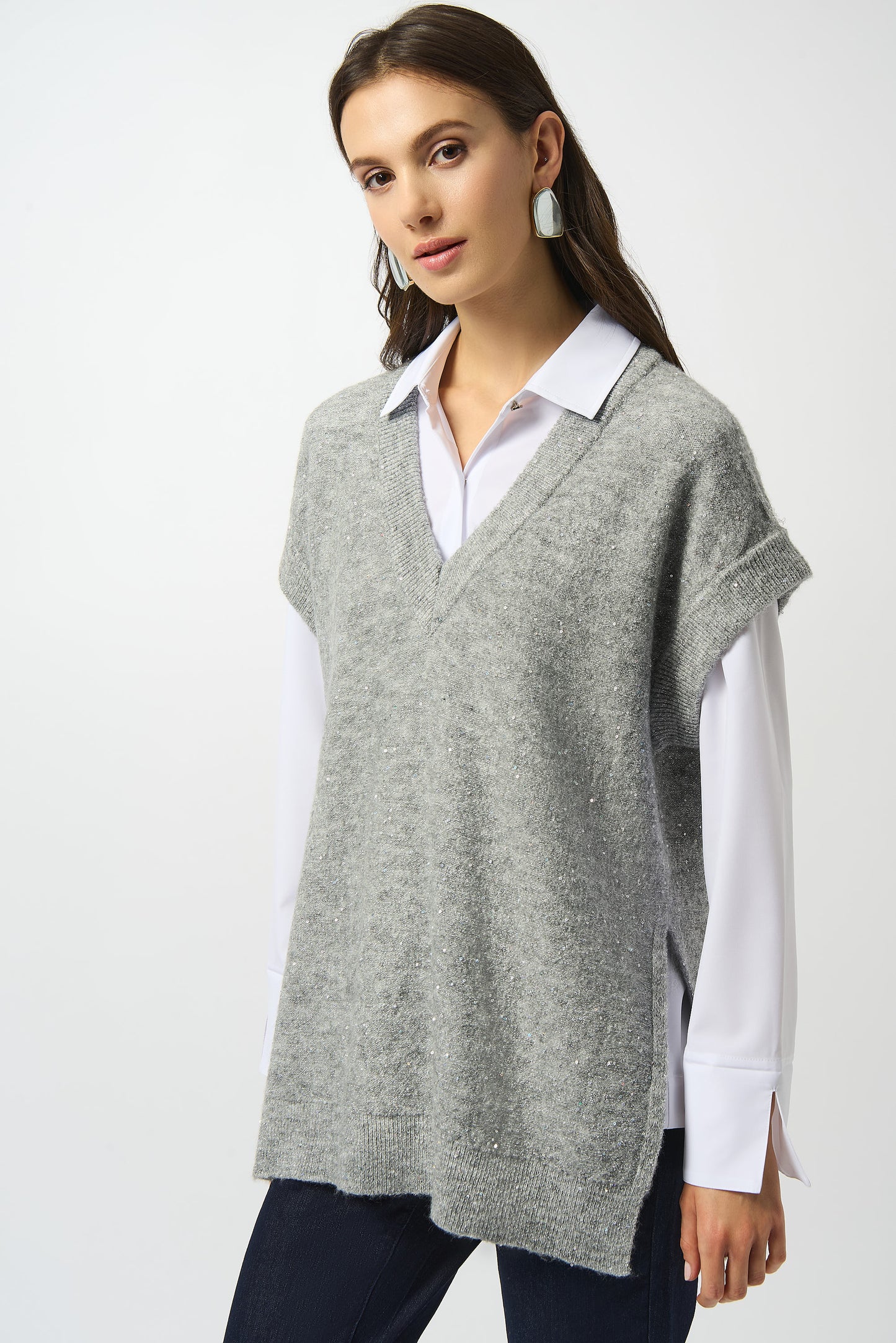 Joseph Ribkoff Sweater Knit Sleeveless Tunic with Sequins Grey 253957
