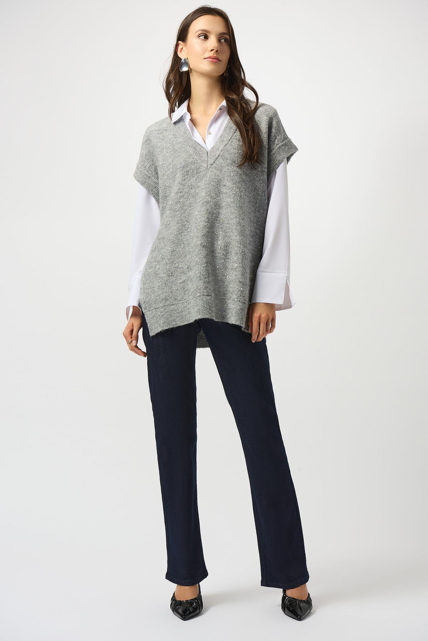Joseph Ribkoff Sweater Knit Sleeveless Tunic with Sequins Grey 253957