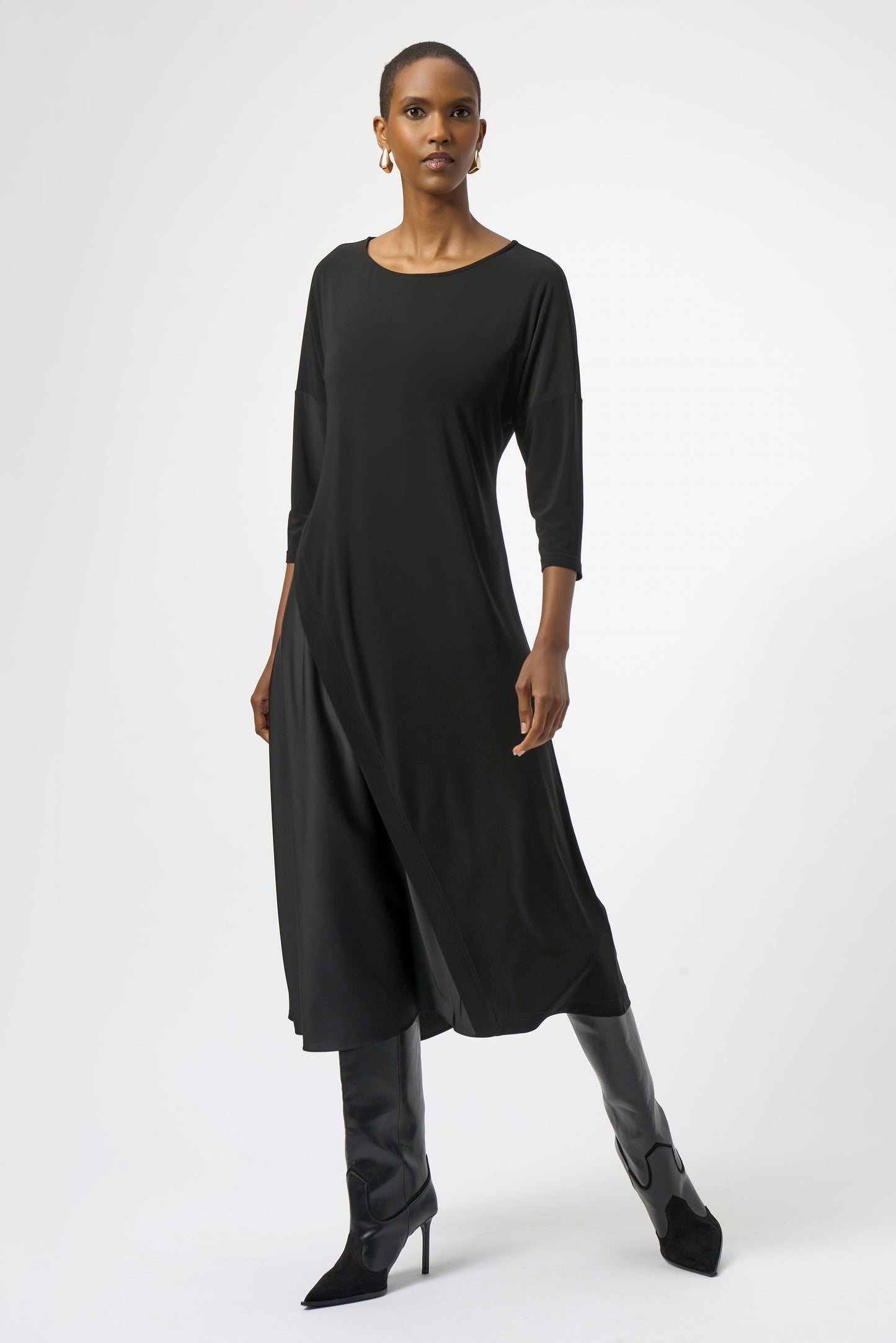 Joseph Ribkoff Knit and Satin Trapeze Dress Black 254126