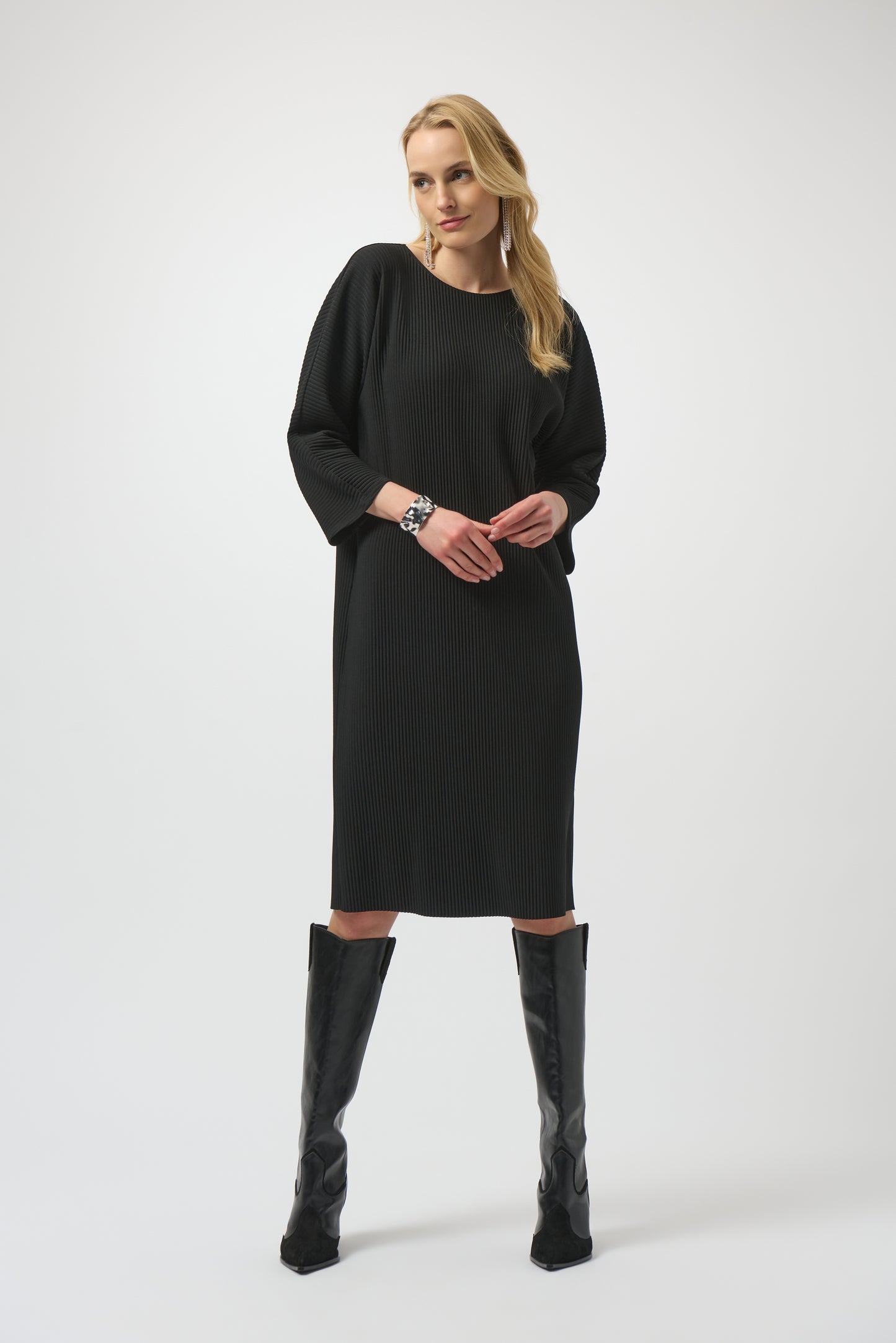 Joseph Ribkoff Pleated Scuba Crepe Straight Dress Black 254214