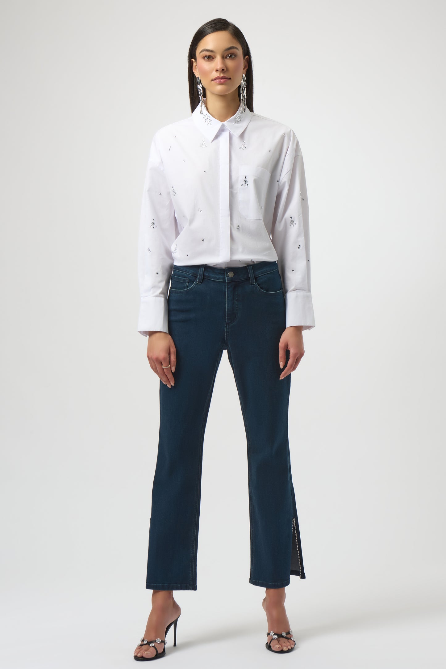Joseph Ribkoff Classic Straight Leg Jeans w/Rhinestone Hem Dark Denim Blue 254917