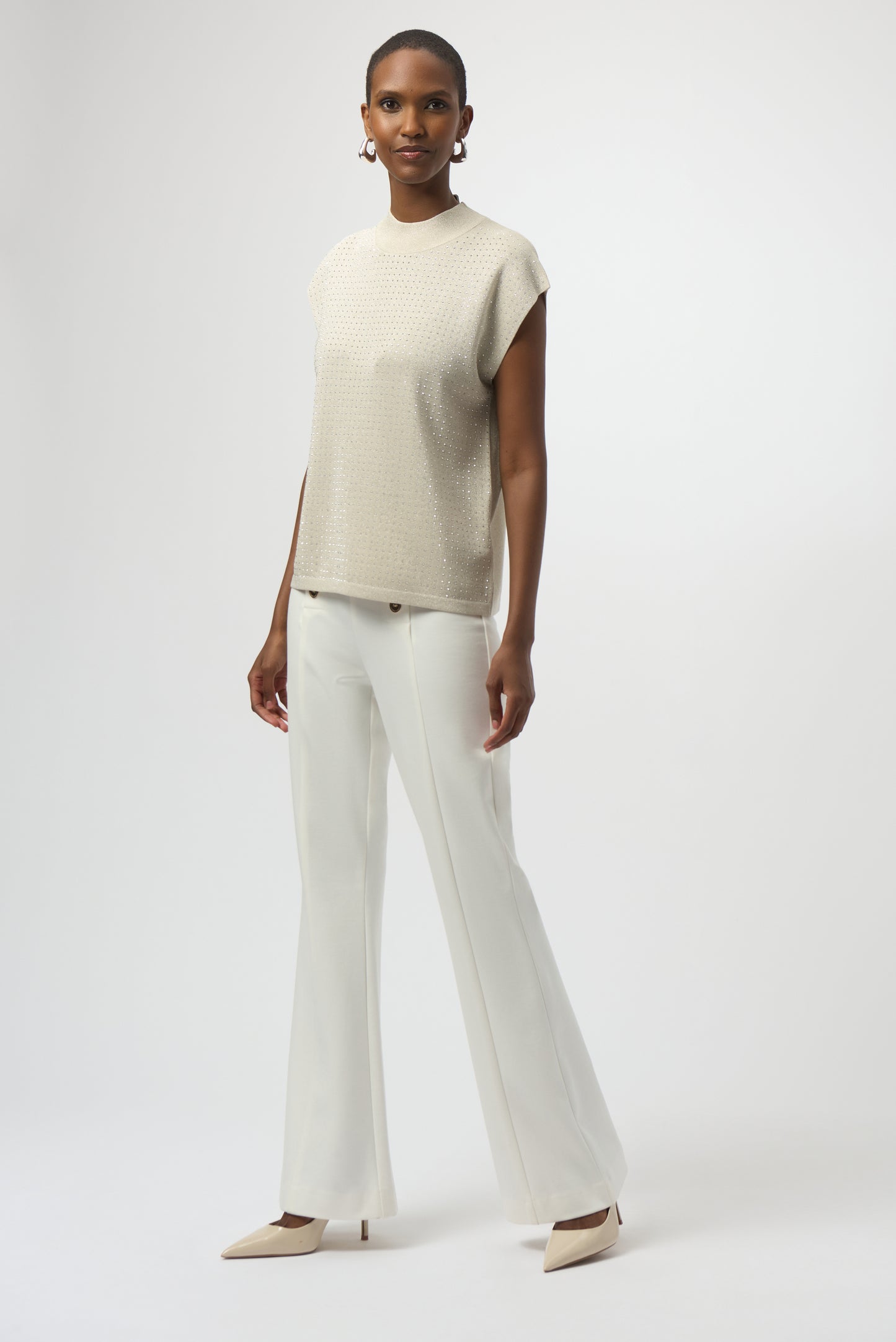 Joseph Ribkoff Sweater Knit Sleeveless Pullover with Iron-On Detail Birch/Silver 254935