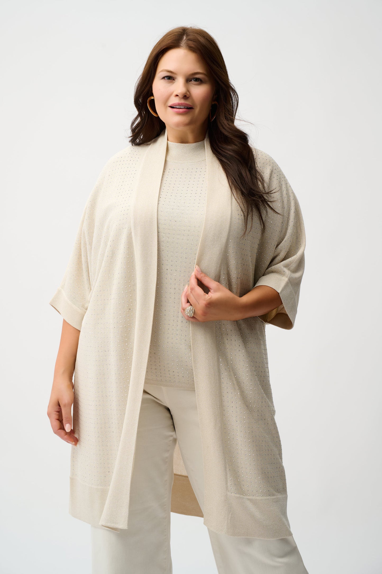 Joseph Ribkoff Sweater Knit Cover-Up with Iron-On Detail Birch/Silver 254937