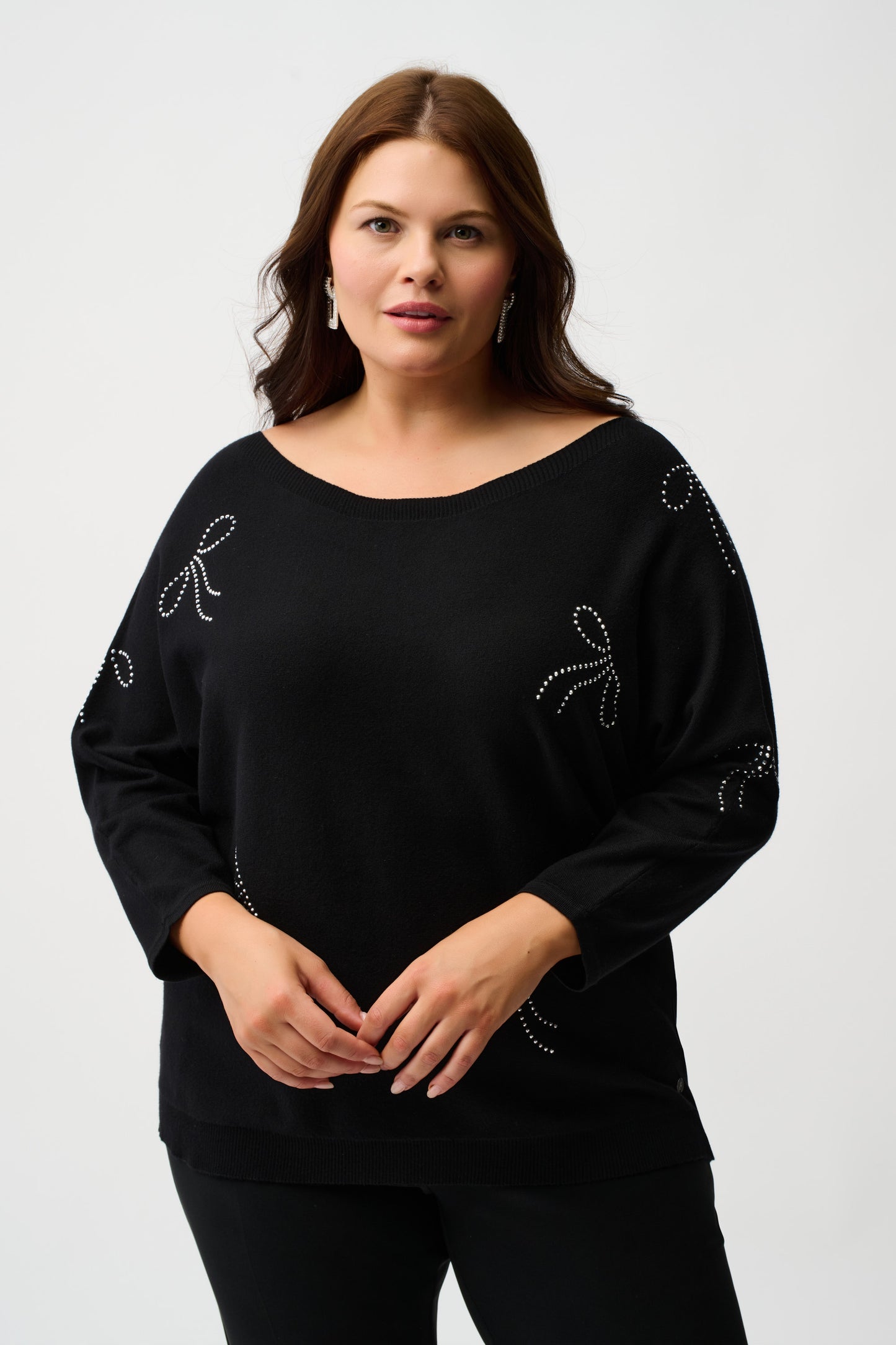 Joseph Ribkoff Sweater Knit Pullover with Iron-On Bow Detail Black 254950