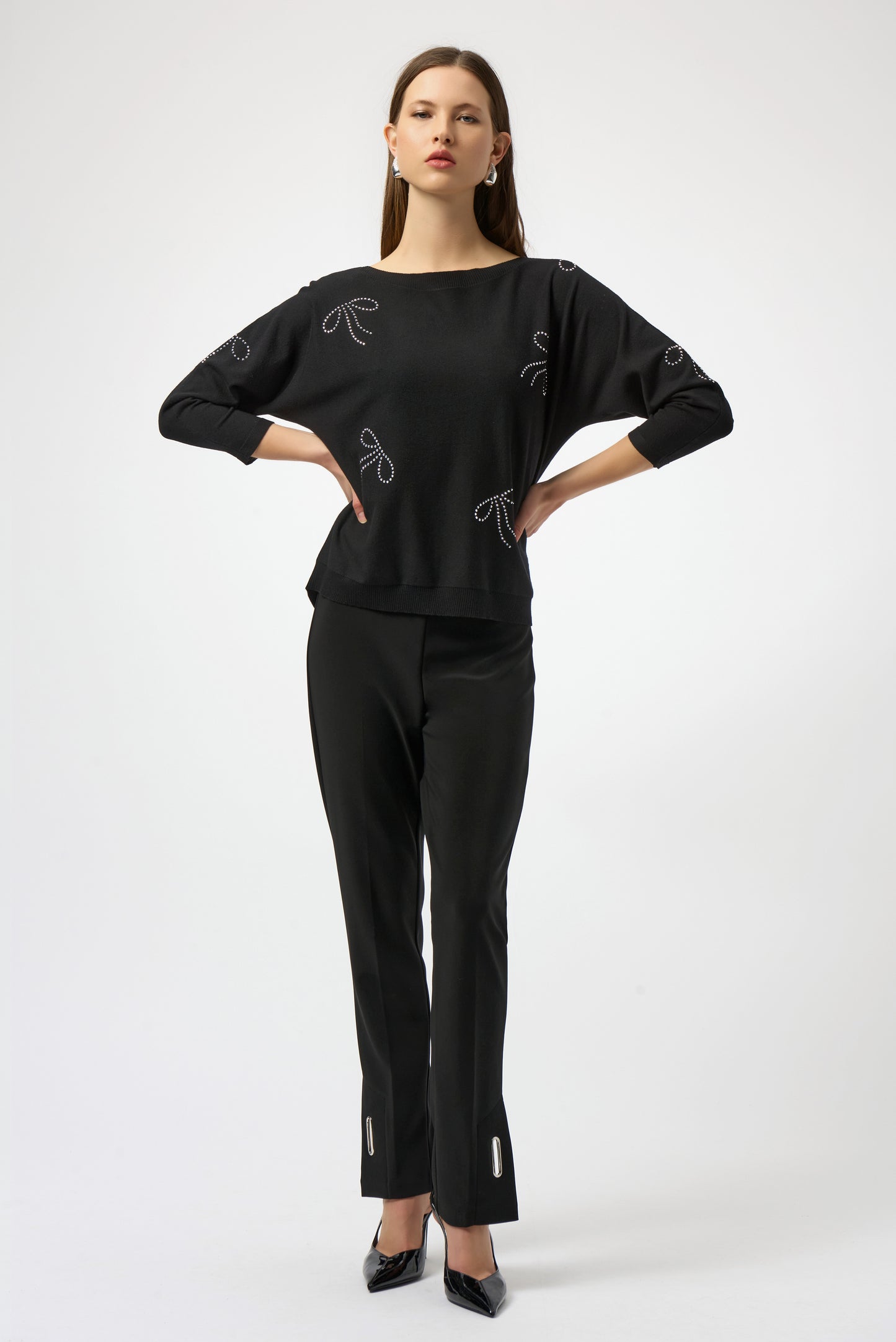 Joseph Ribkoff Sweater Knit Pullover with Iron-On Bow Detail Black 254950