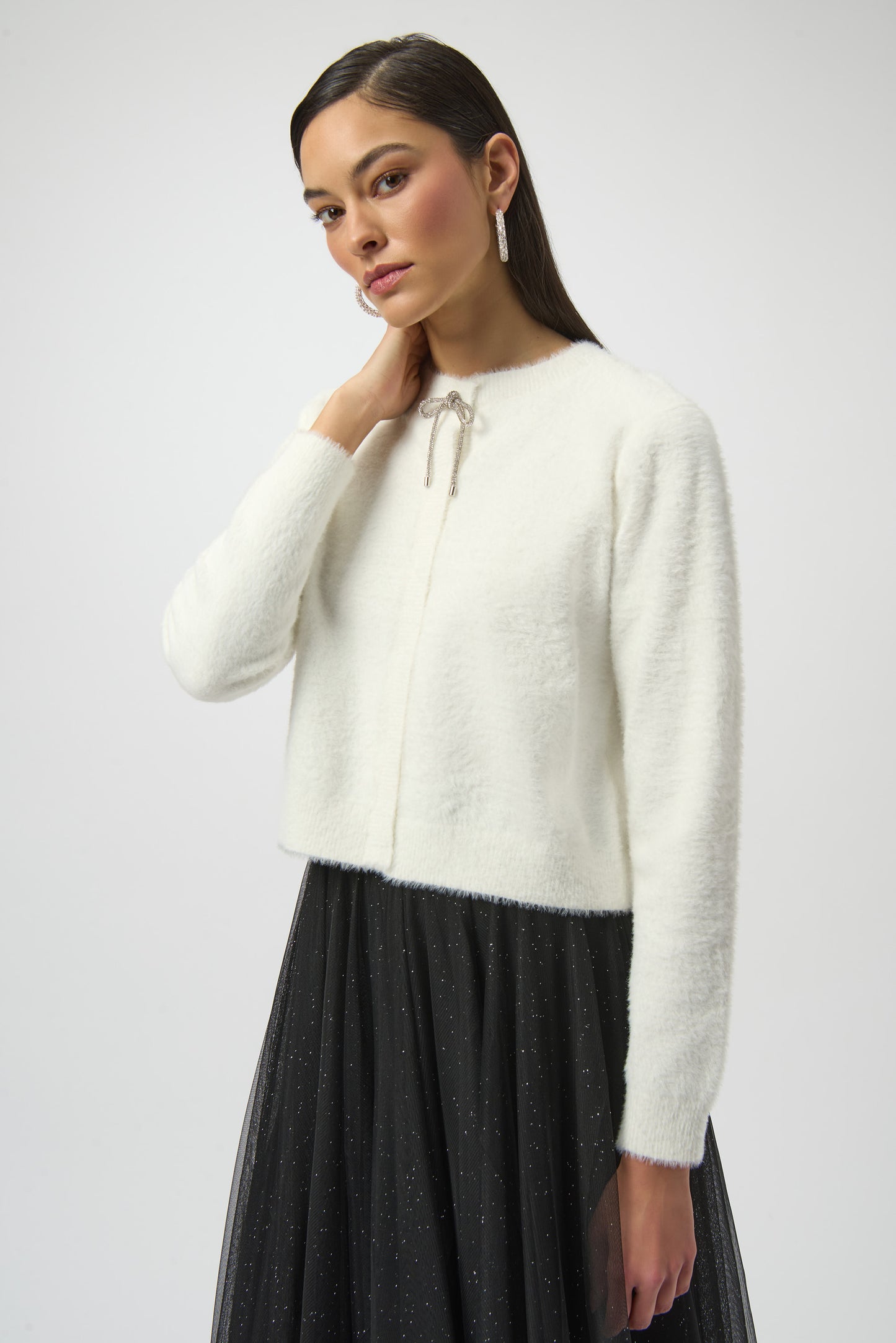 Joseph Ribkoff Feather Yarn Cardigan with Rhinestone Bow Winter White 254955