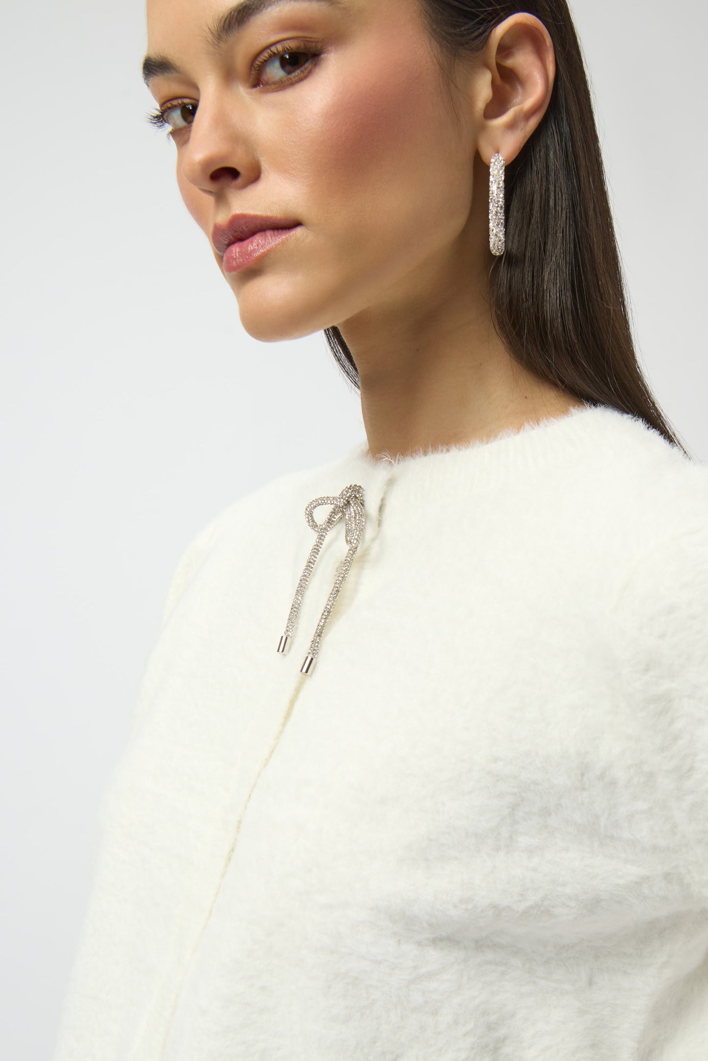 Joseph Ribkoff Feather Yarn Cardigan with Rhinestone Bow Winter White 254955