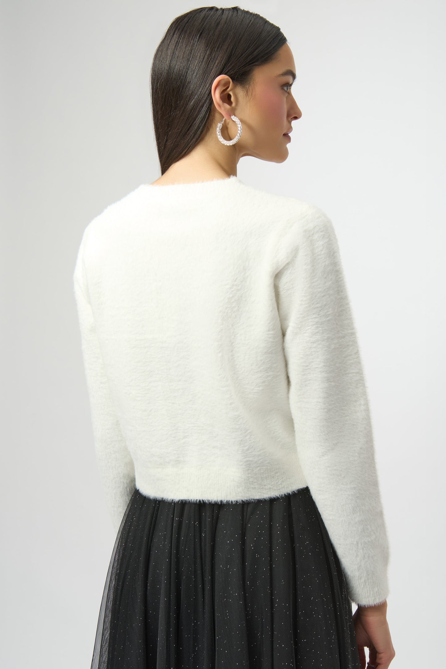 Joseph Ribkoff Feather Yarn Cardigan with Rhinestone Bow Winter White 254955