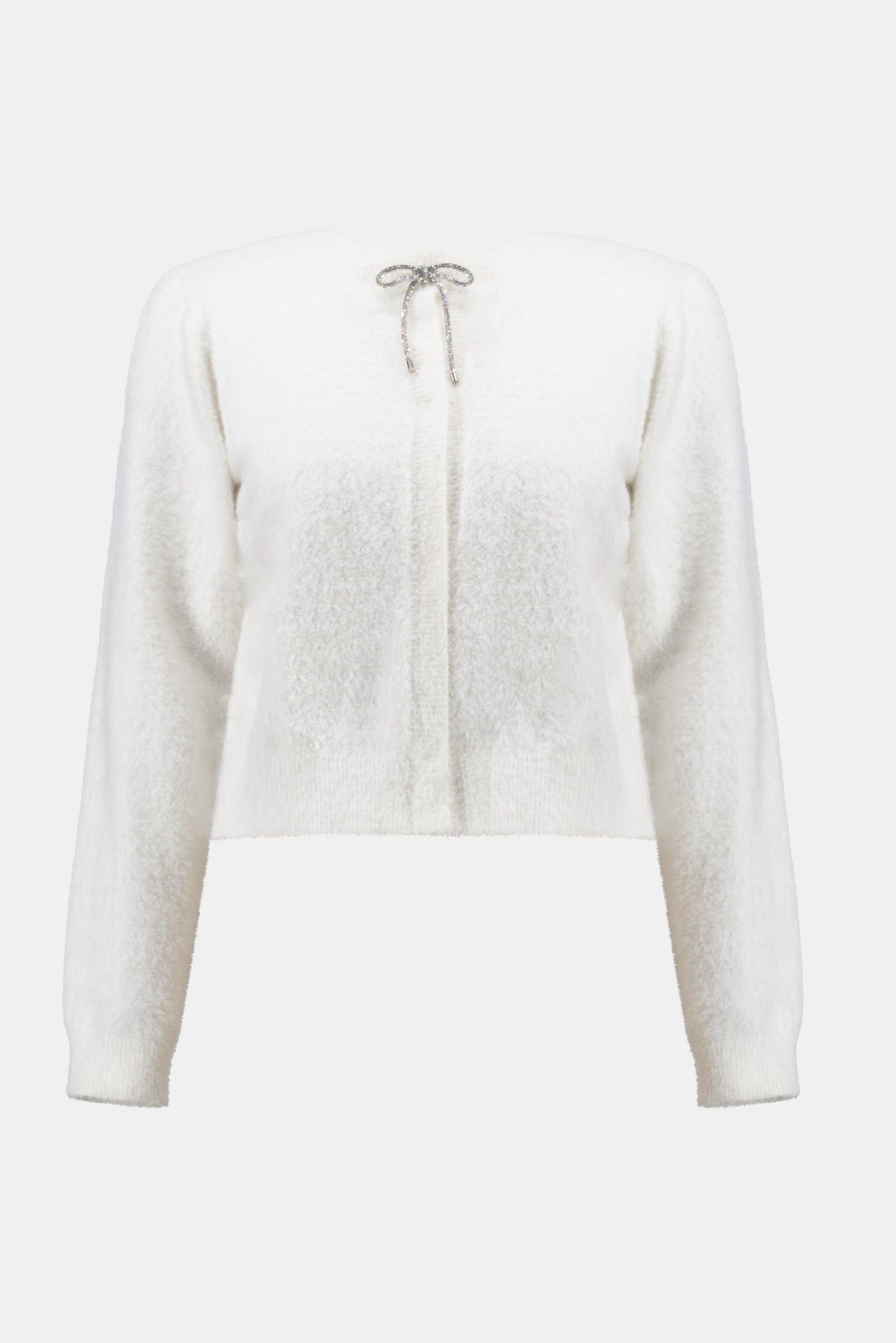 Joseph Ribkoff Feather Yarn Cardigan with Rhinestone Bow Winter White 254955